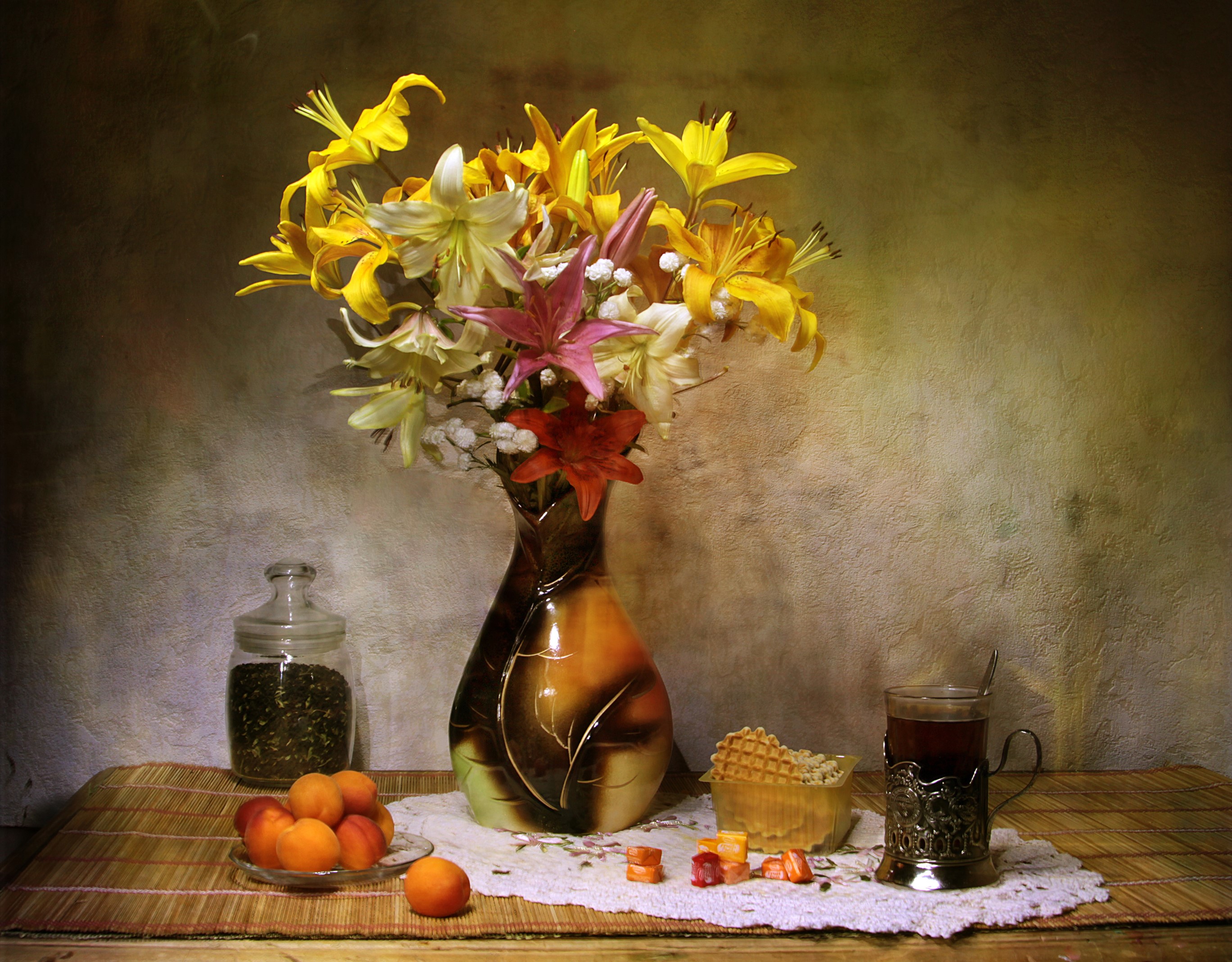 Still-life with lilies, apricots, tea, and sweets HD Wallpaper