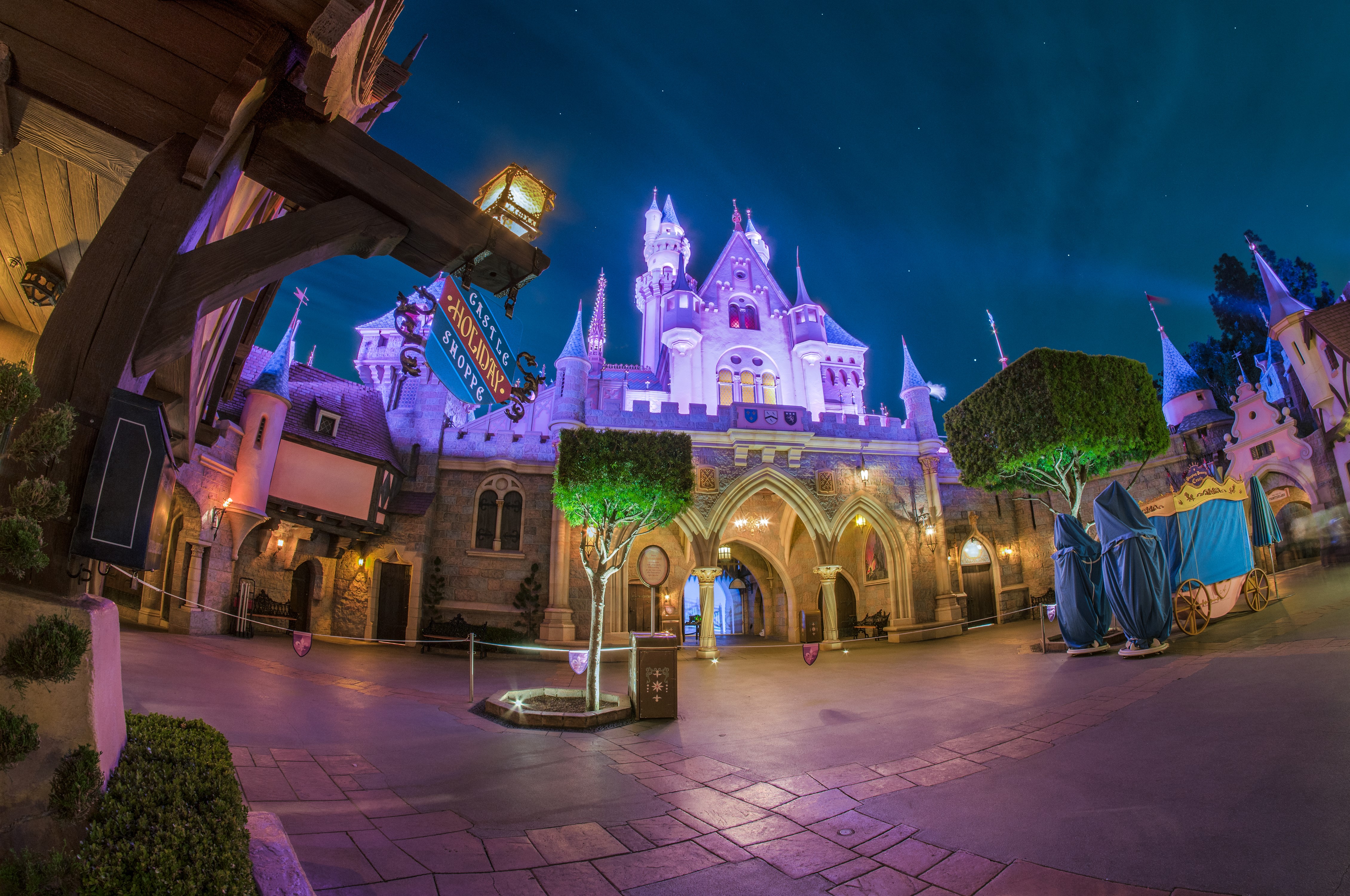Disneyland Castle Holiday Shoppe at Night HD Wallpaper