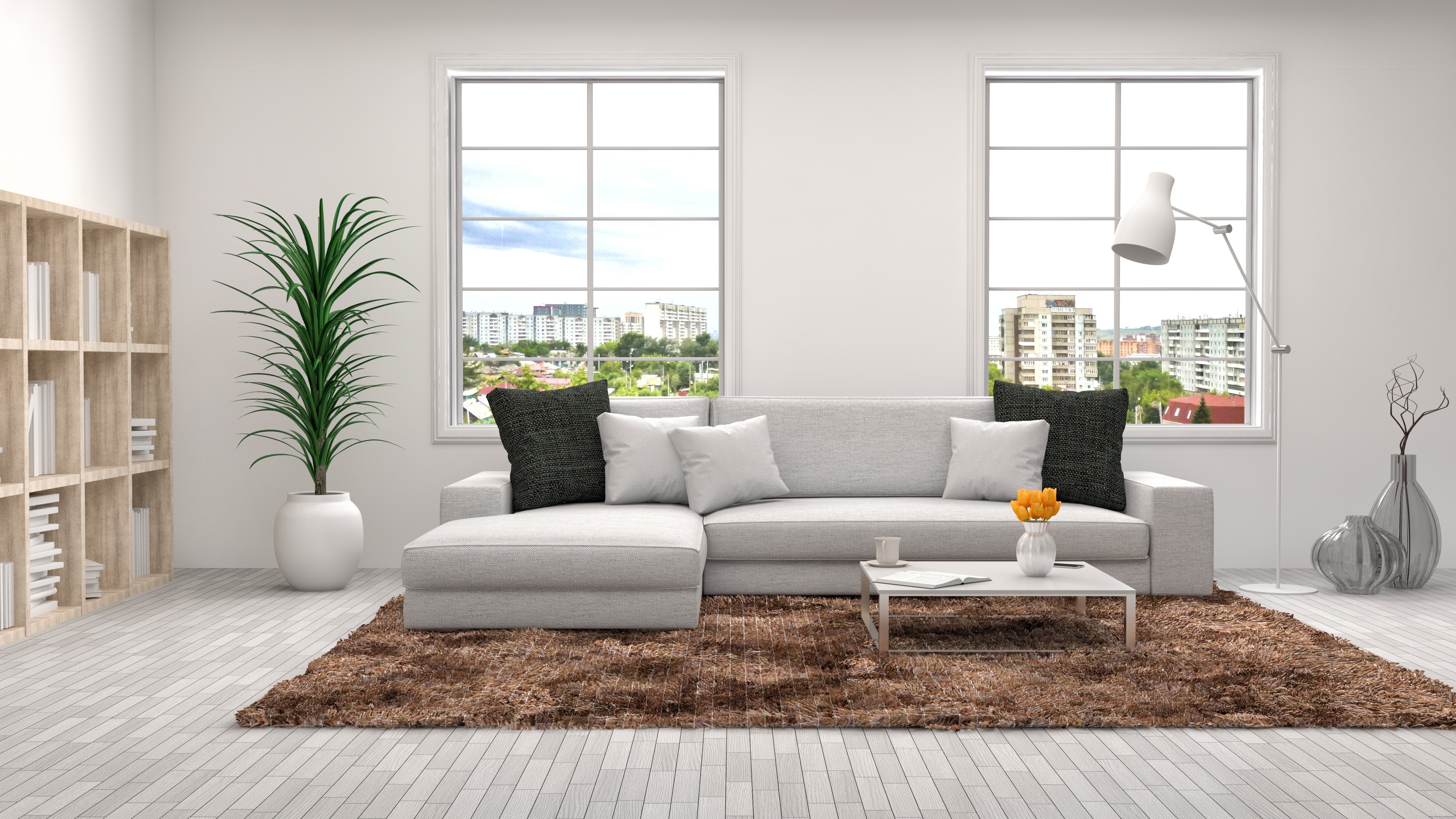 Modern living room with sofa and windows HD Wallpaper