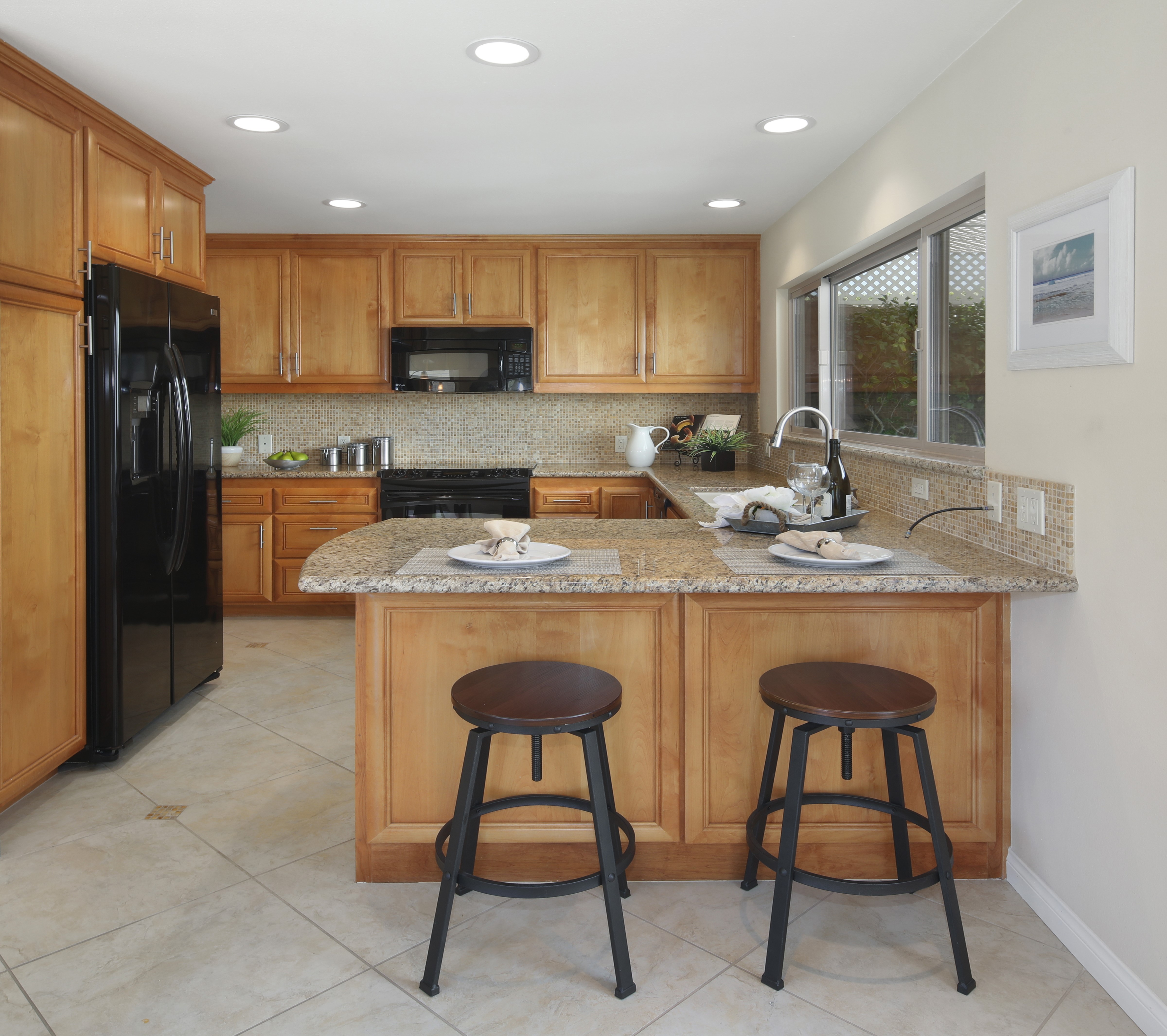 Kitchen Interior Design with Island and Stools HD Wallpaper
