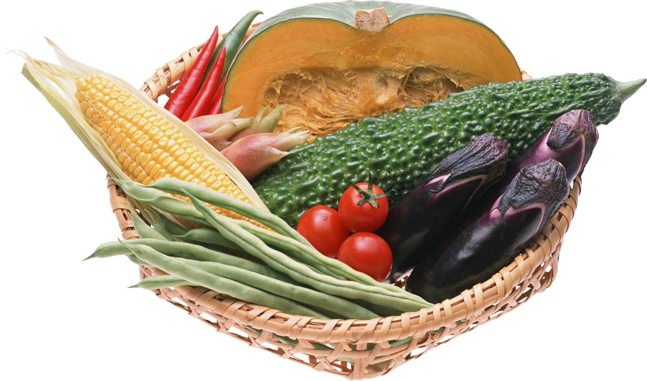Basket of fresh vegetables including corn, eggplant, and pumpkin HD Wallpaper
