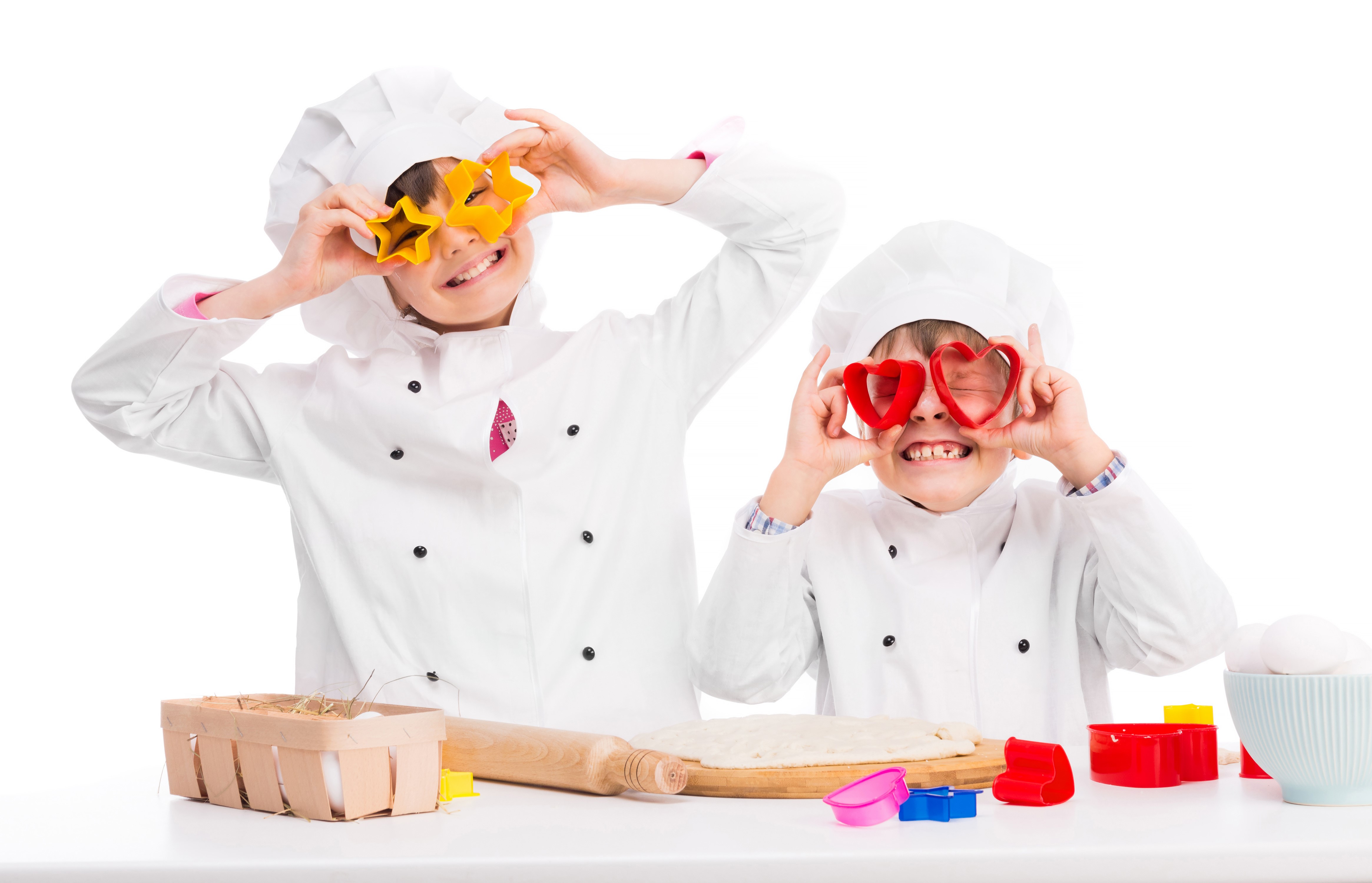 Two Boys in Chef Uniforms with Cookie Cutters HD Wallpaper