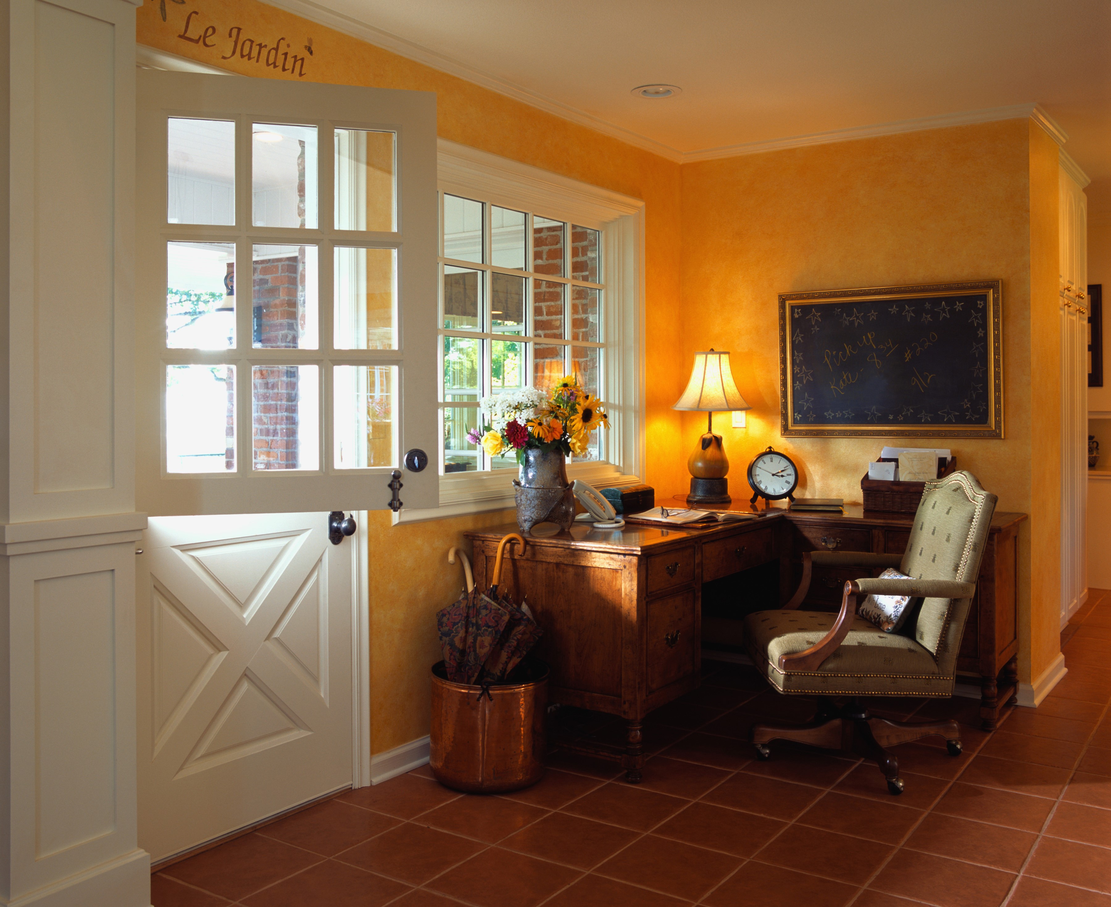 Home office with desk, chair, and door HD Wallpaper