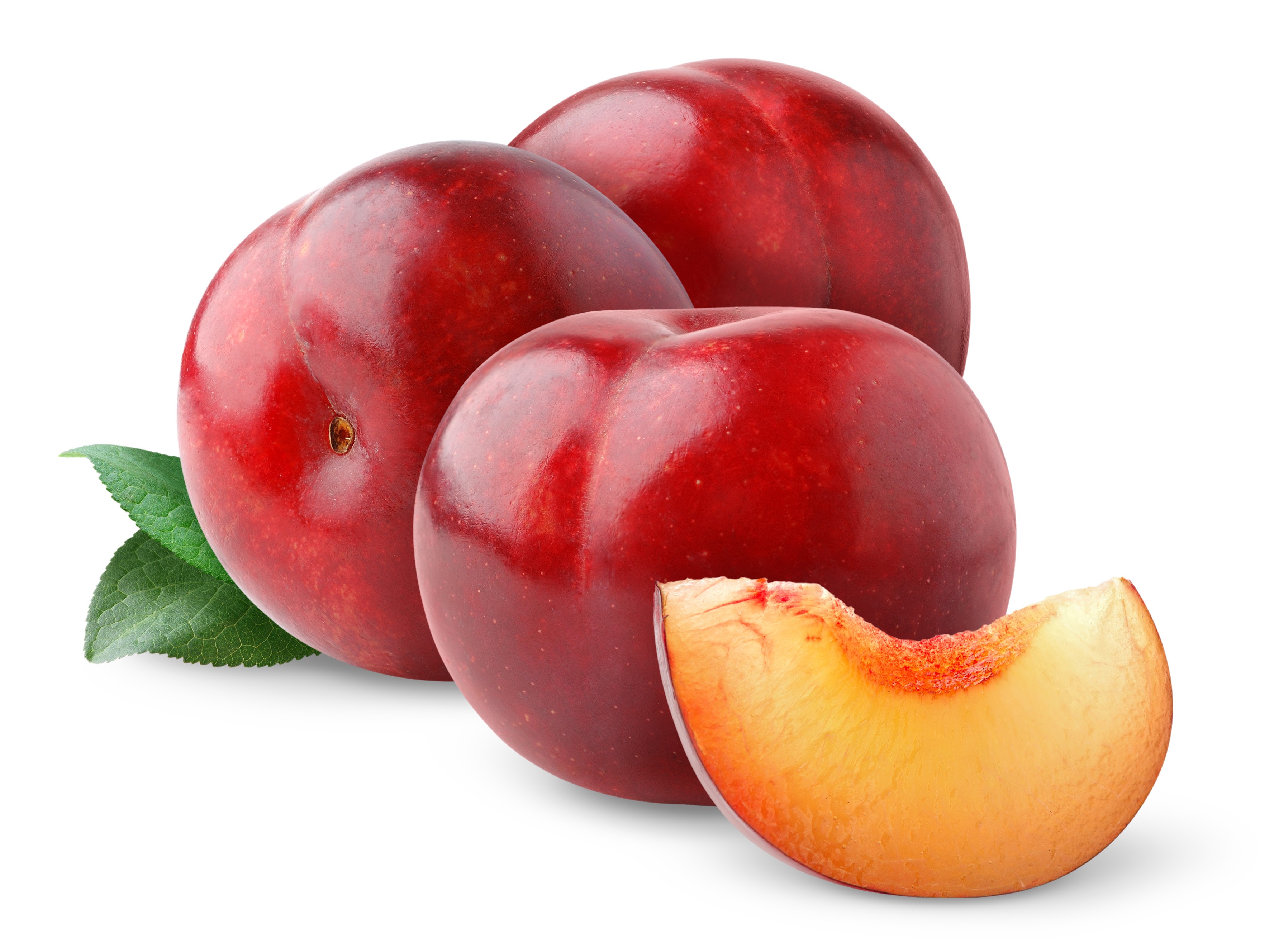 Plums with a slice on a white background HD Wallpaper