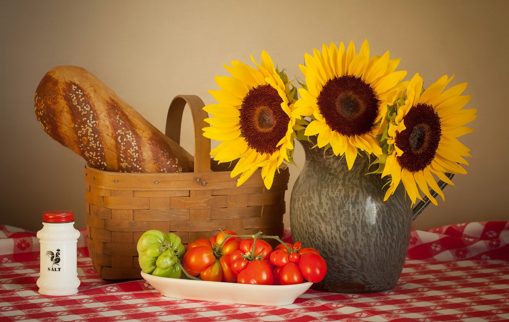 Still-life with sunflowers, bread, tomatoes, and salt shaker HD Wallpaper