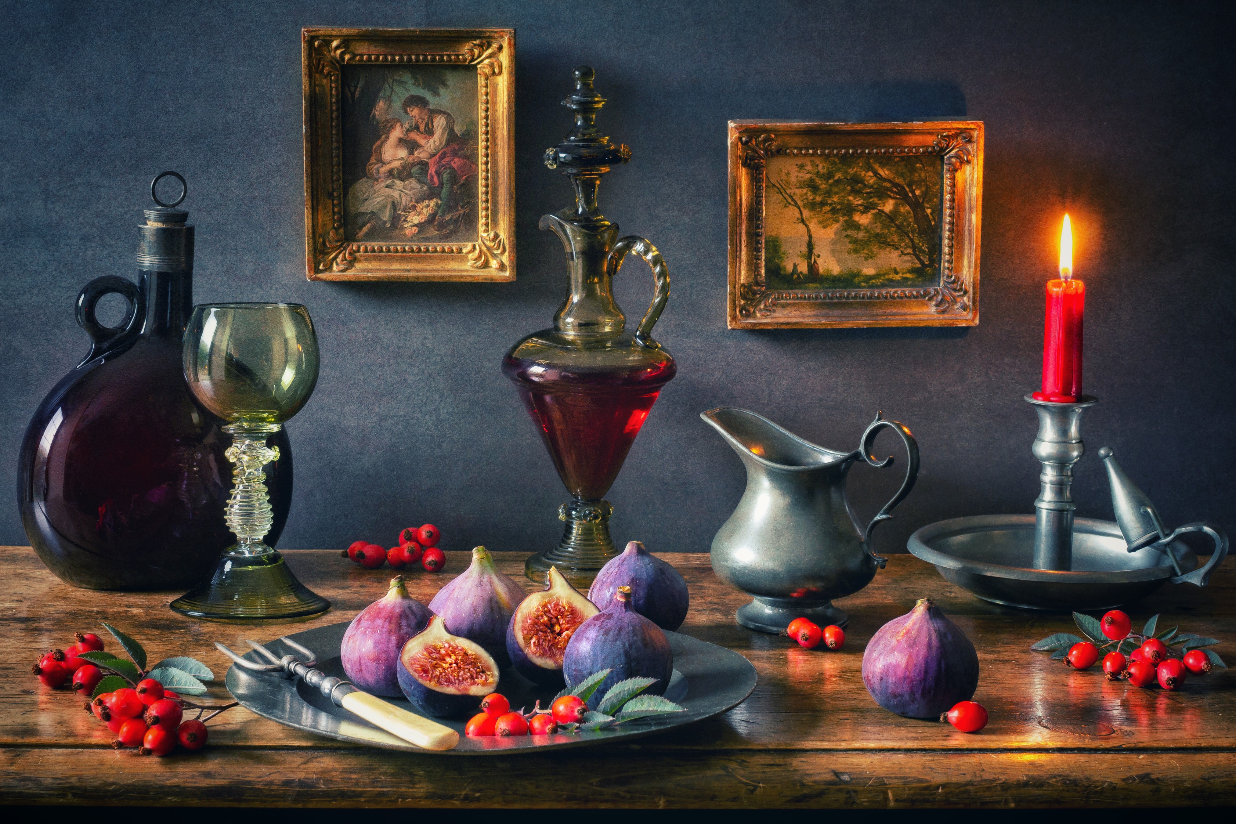 Still-life with figs, berries, wine, and candle HD Wallpaper
