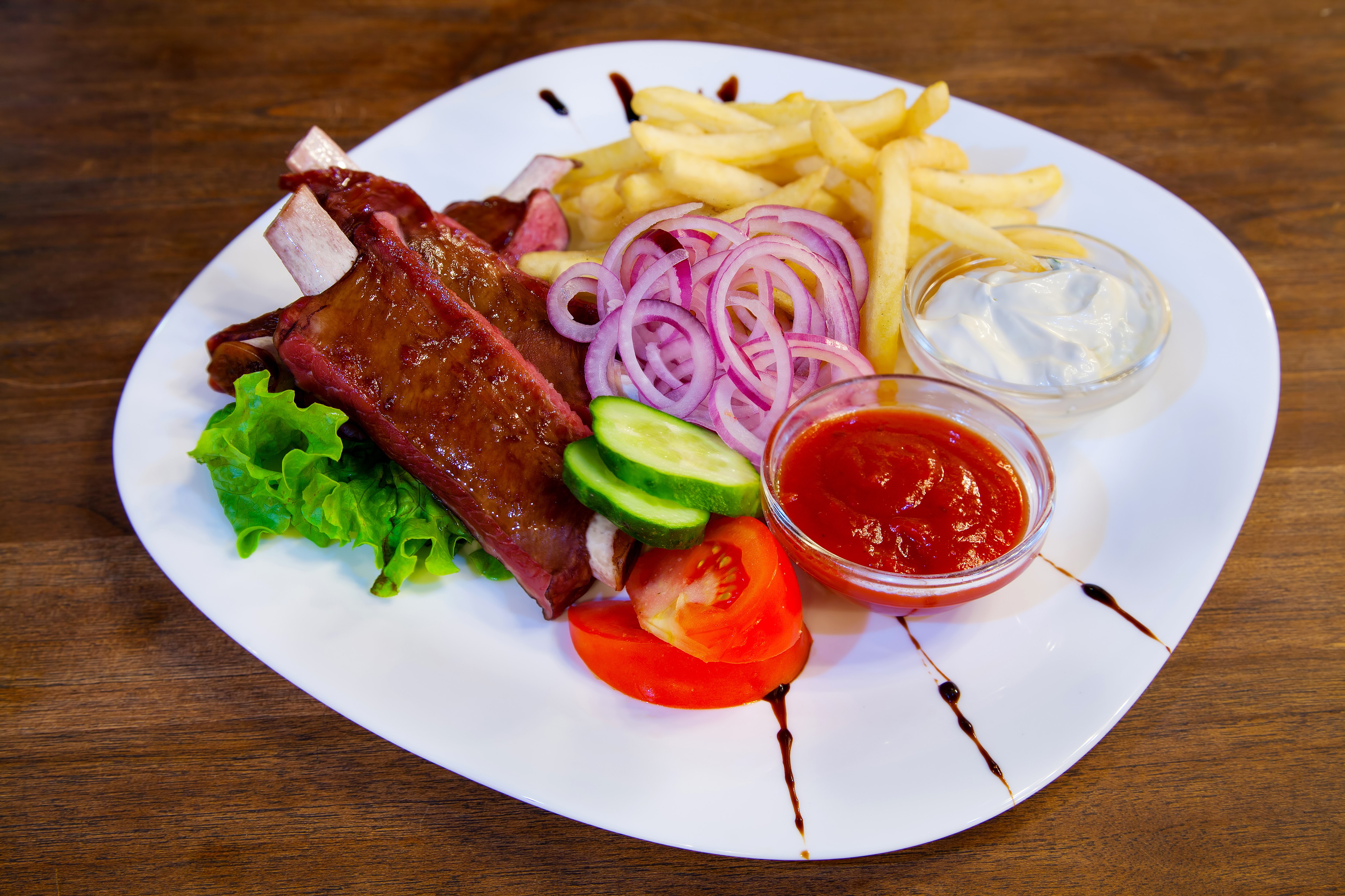 Ribs with French Fries and Sauces HD Wallpaper
