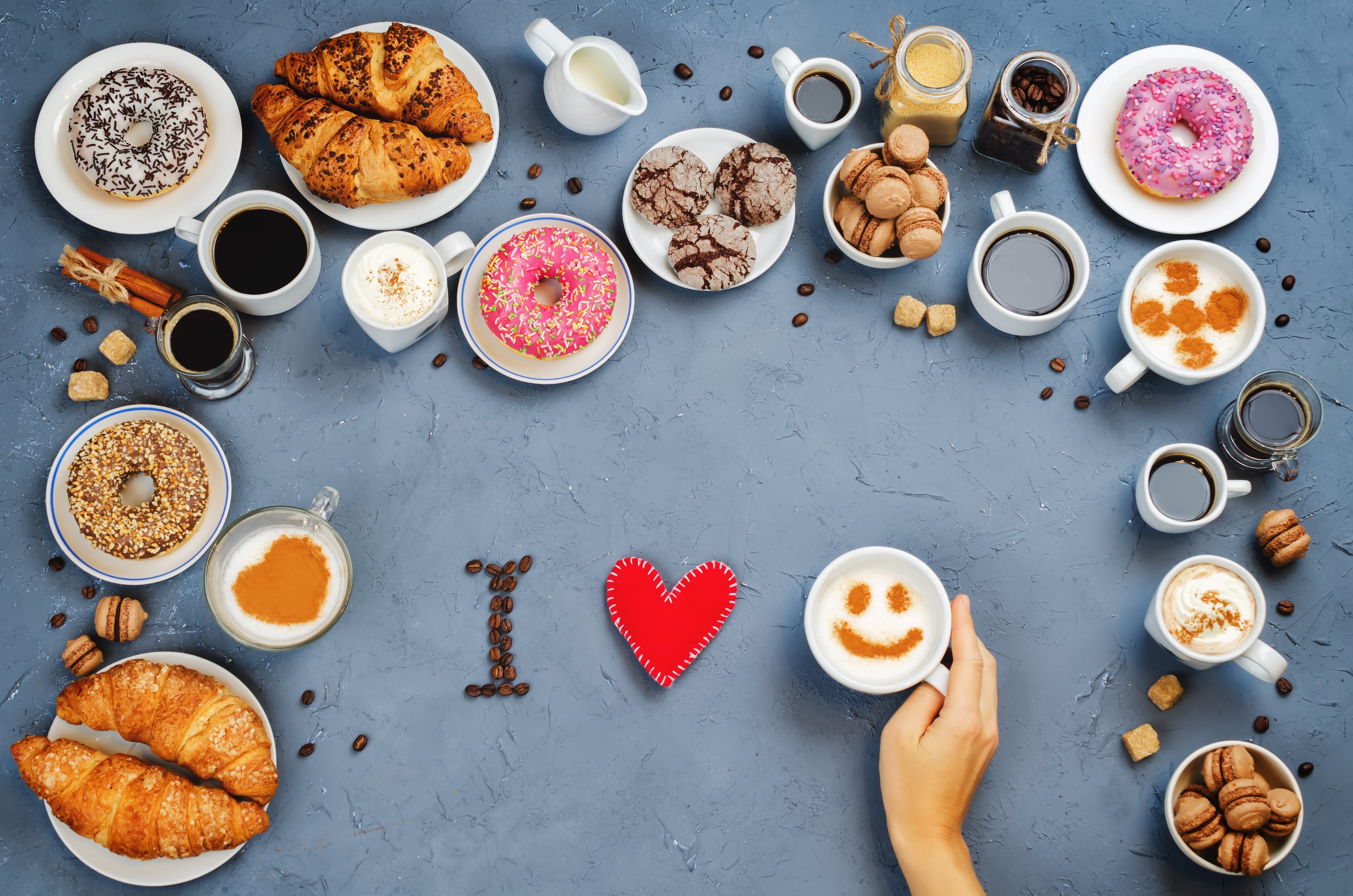 Coffee, Donuts, Croissants, and a Heart HD Wallpaper