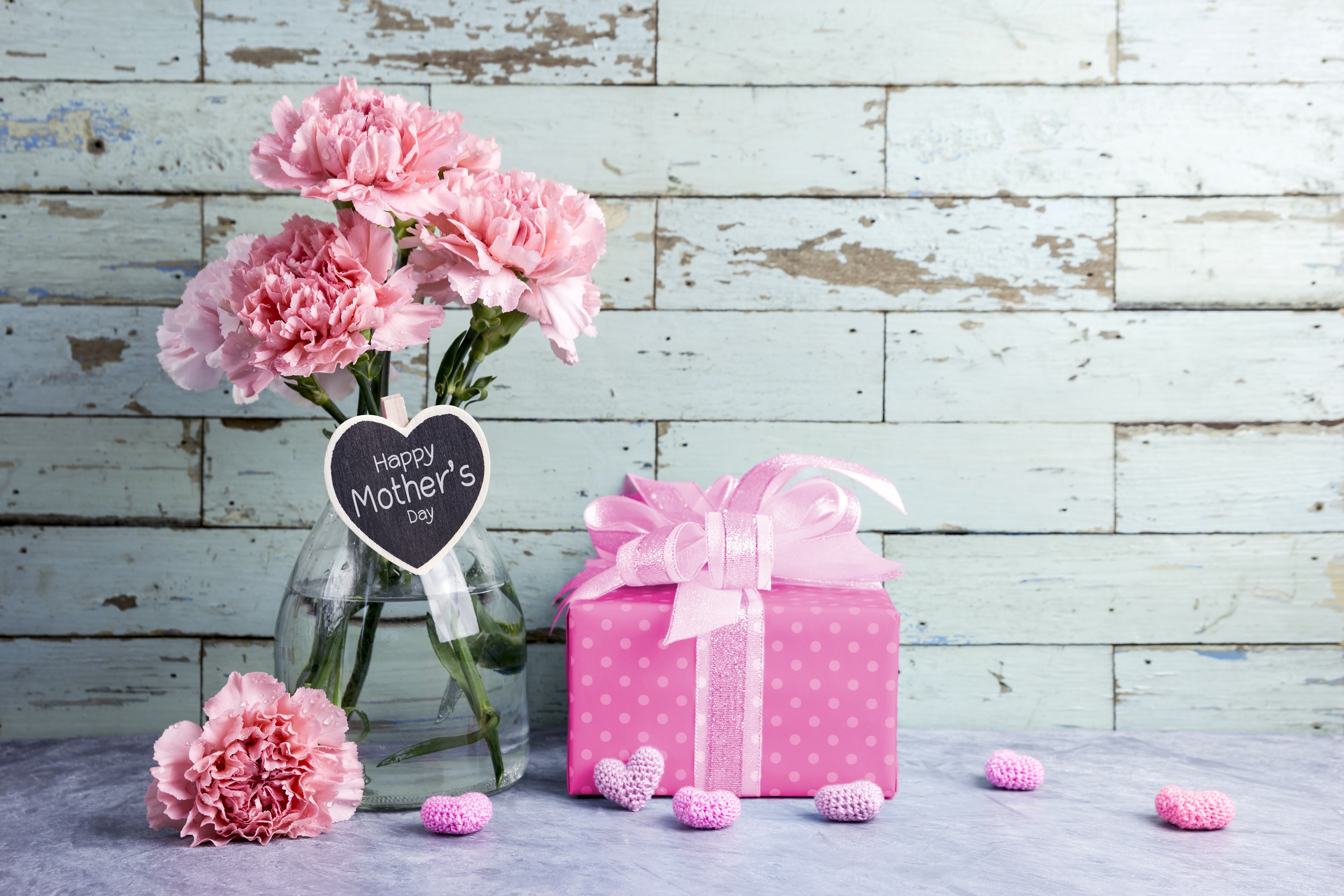 Mother's Day Carnations and Gift HD Wallpaper