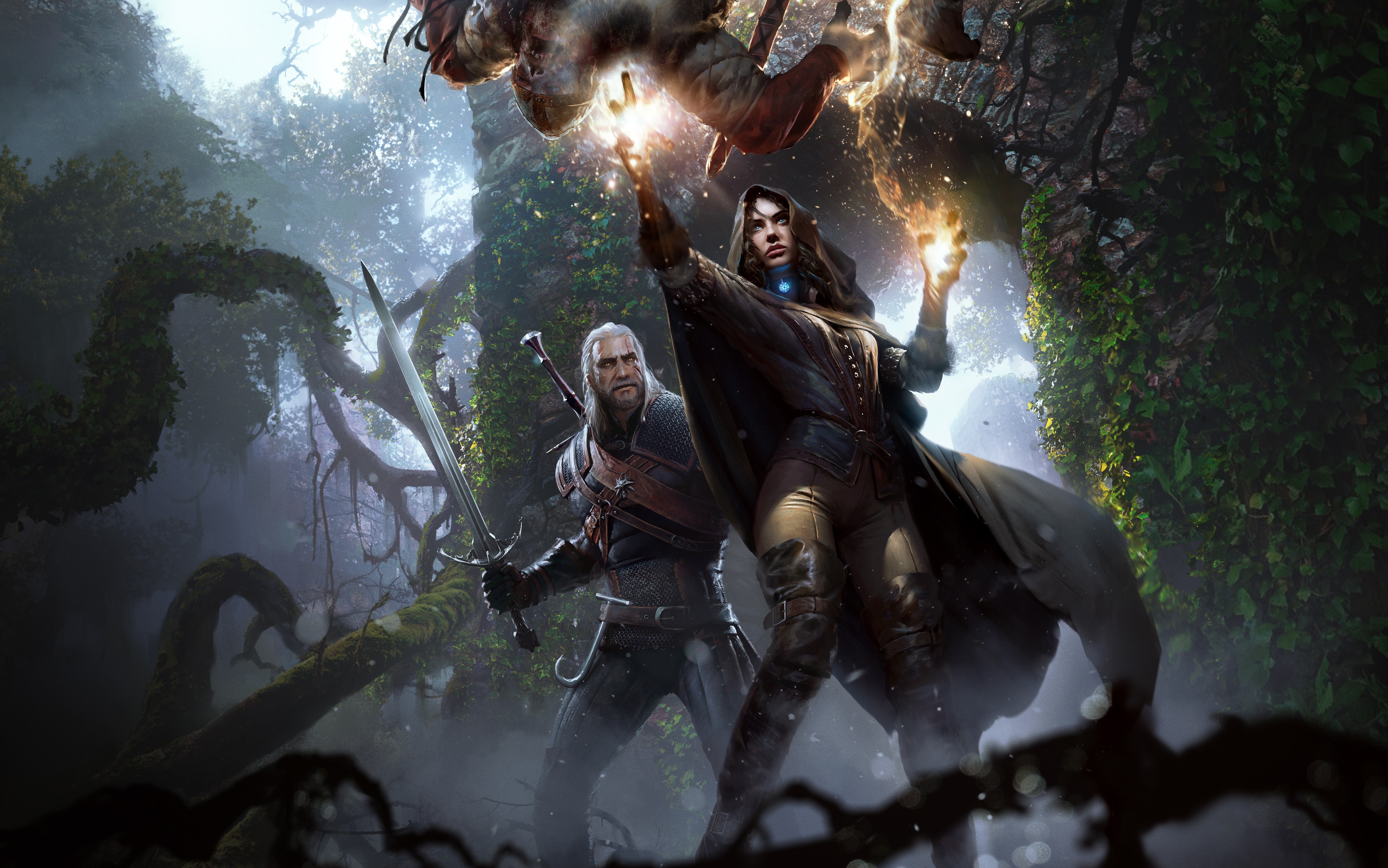 Yennefer and Geralt in Magical Forest Battle 4K HD Wallpaper