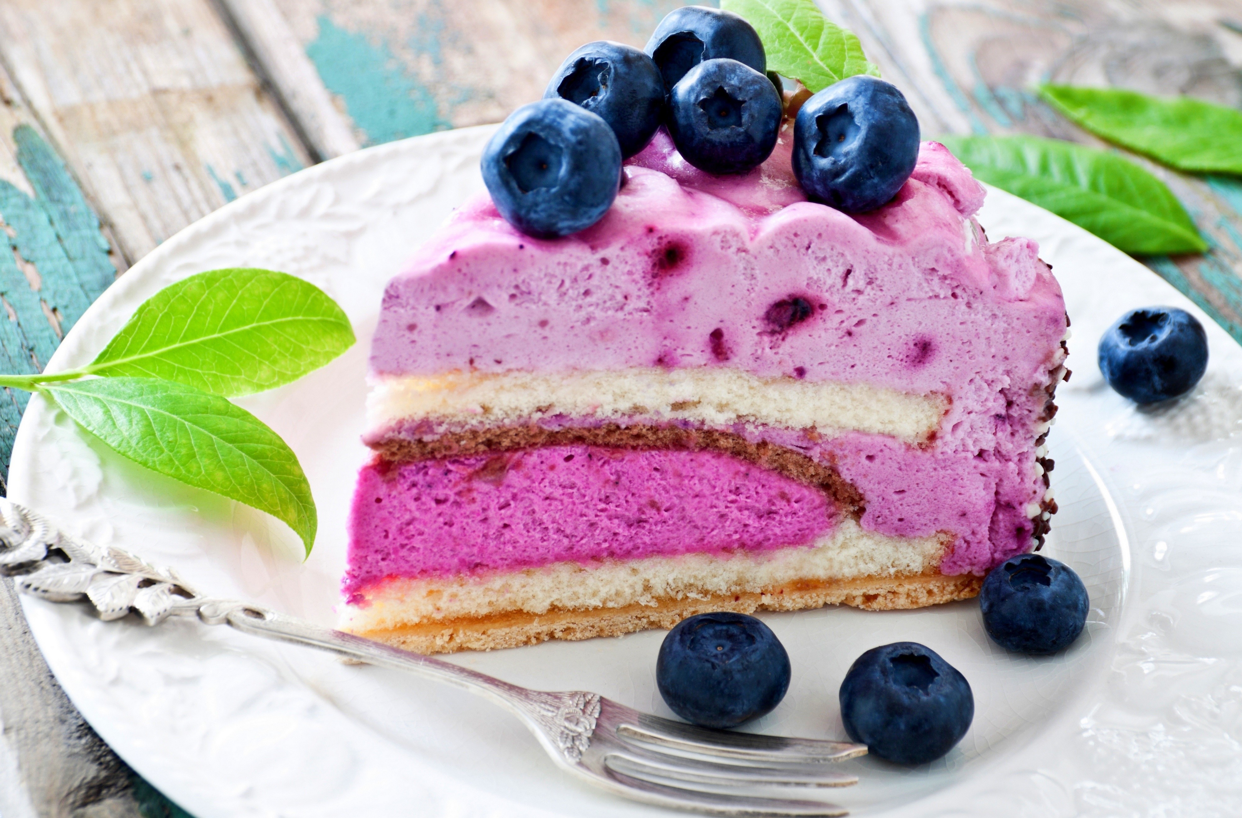 Slice of Blueberry Cake with Blueberries and Fork HD Wallpaper
