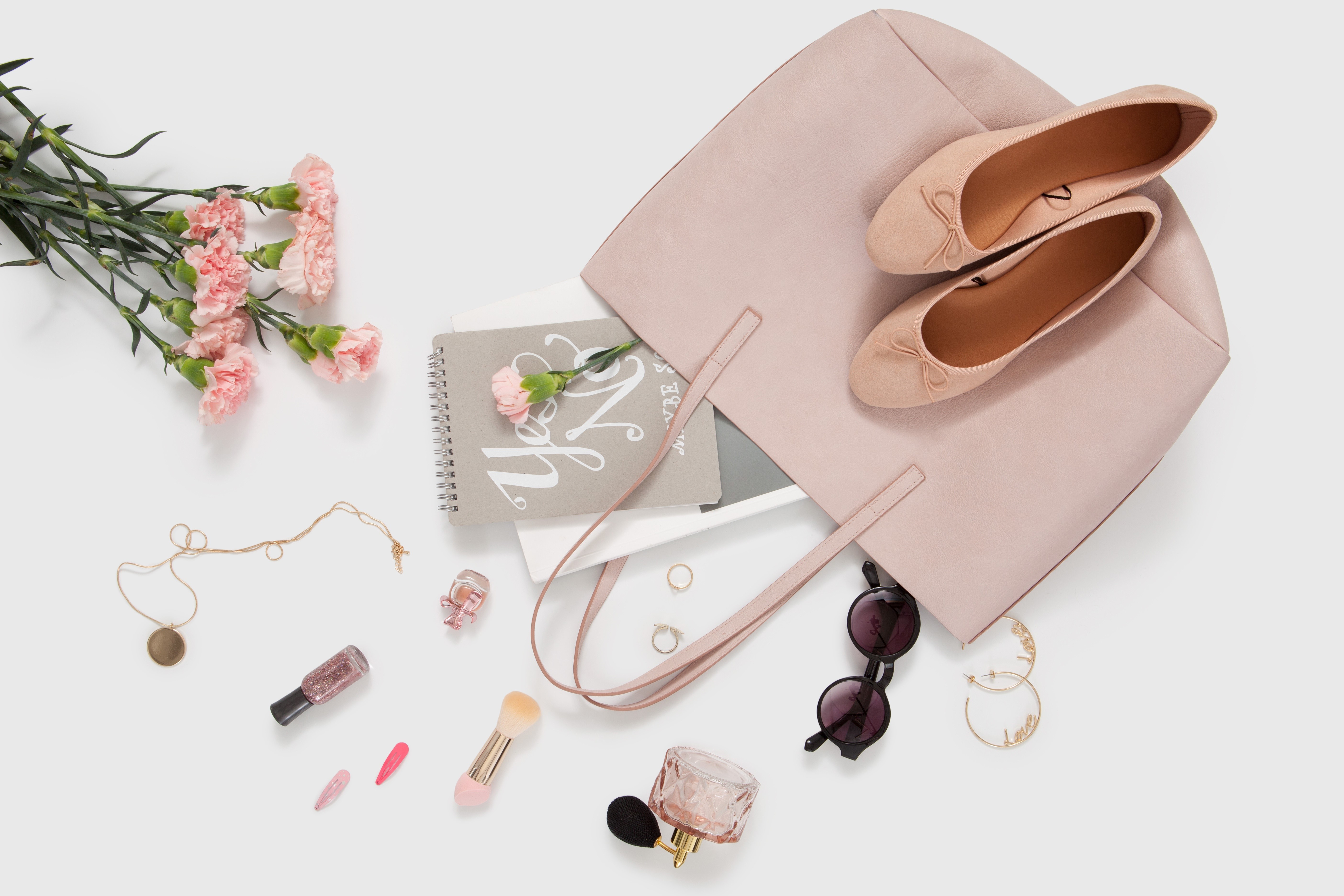 Pink tote bag with ballet flats and accessories HD Wallpaper
