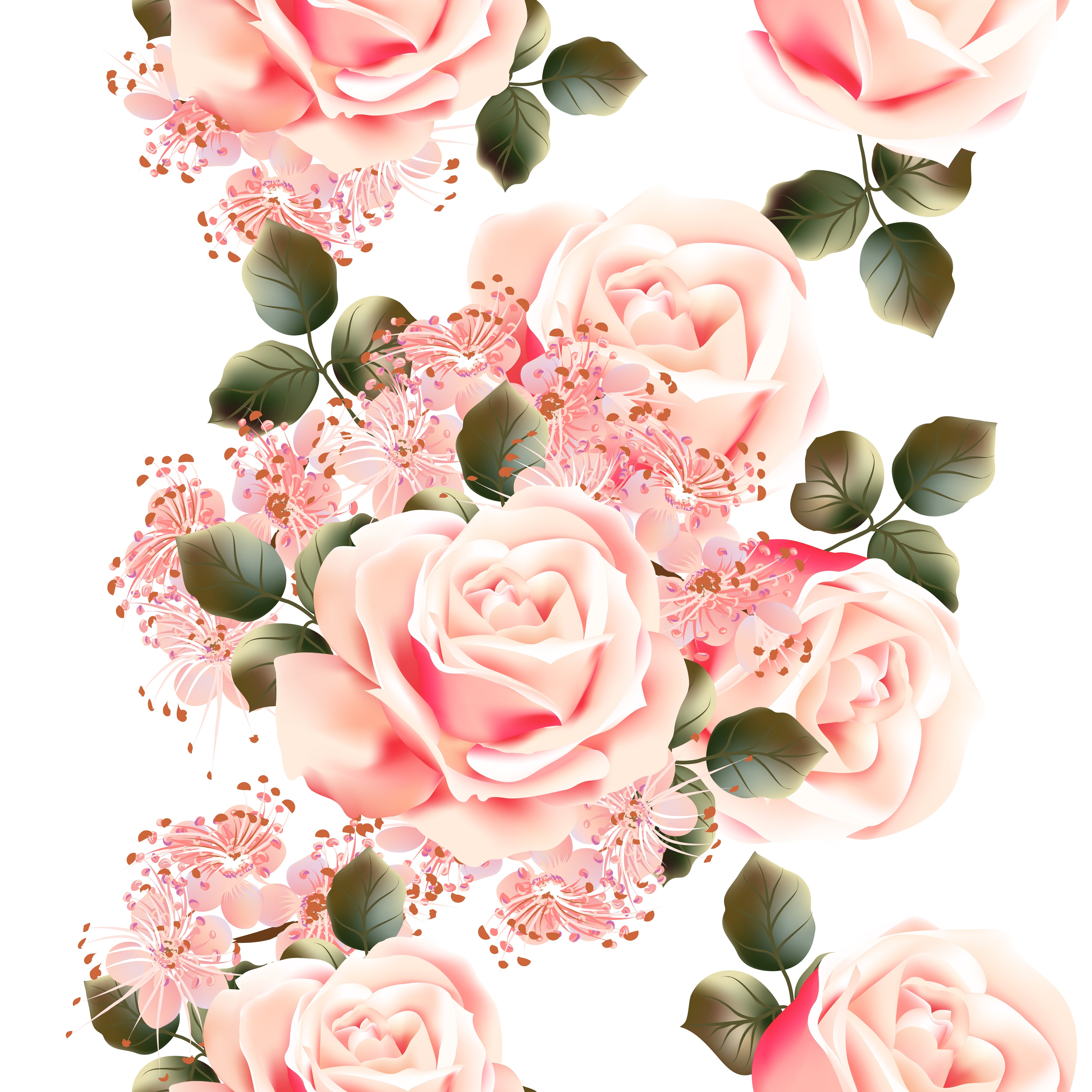 Pink Roses and Blossoms Seamless Pattern HD Wallpaper