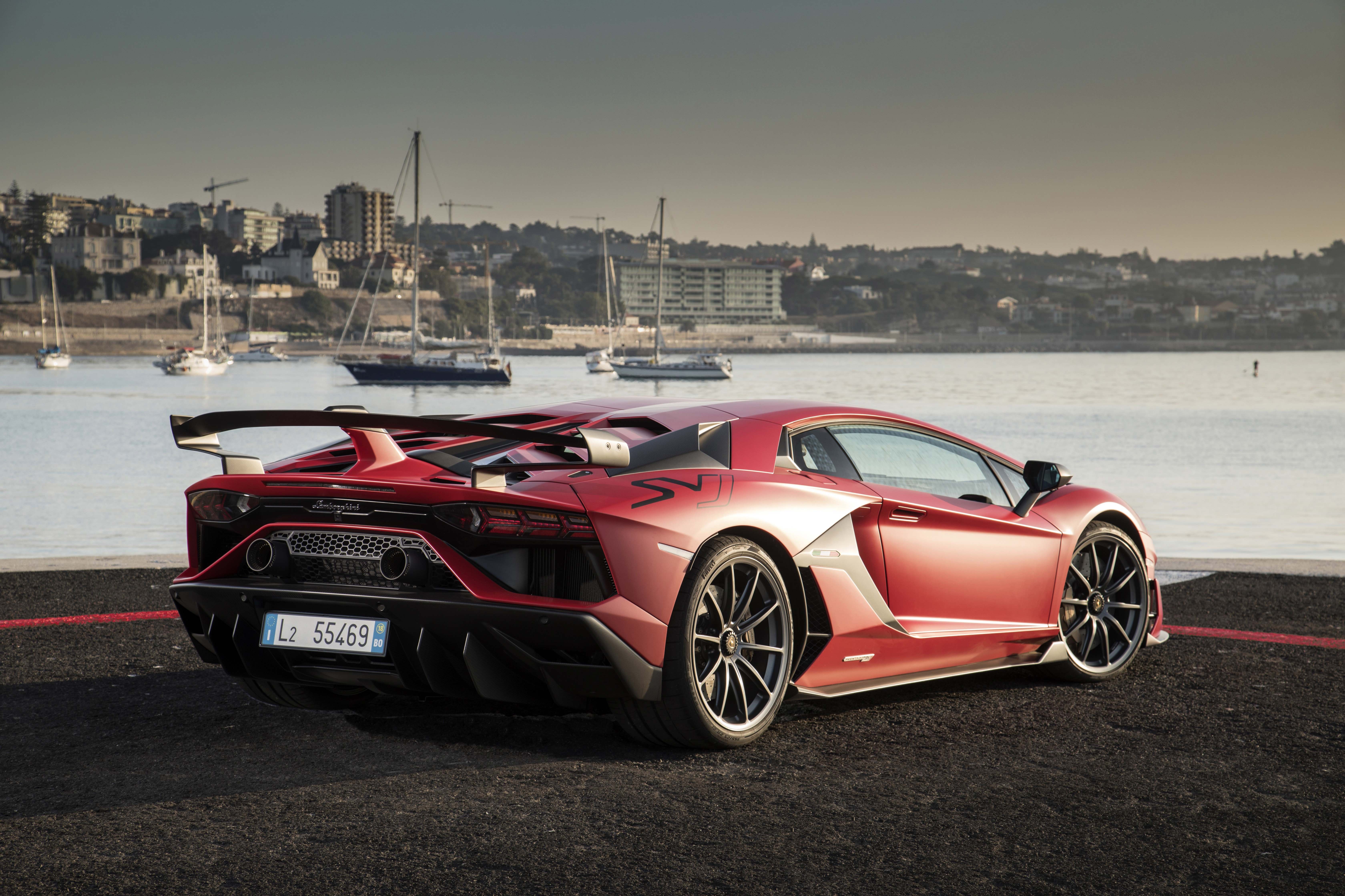Red Lamborghini Aventador SVJ 2018 back view HD Wallpaper