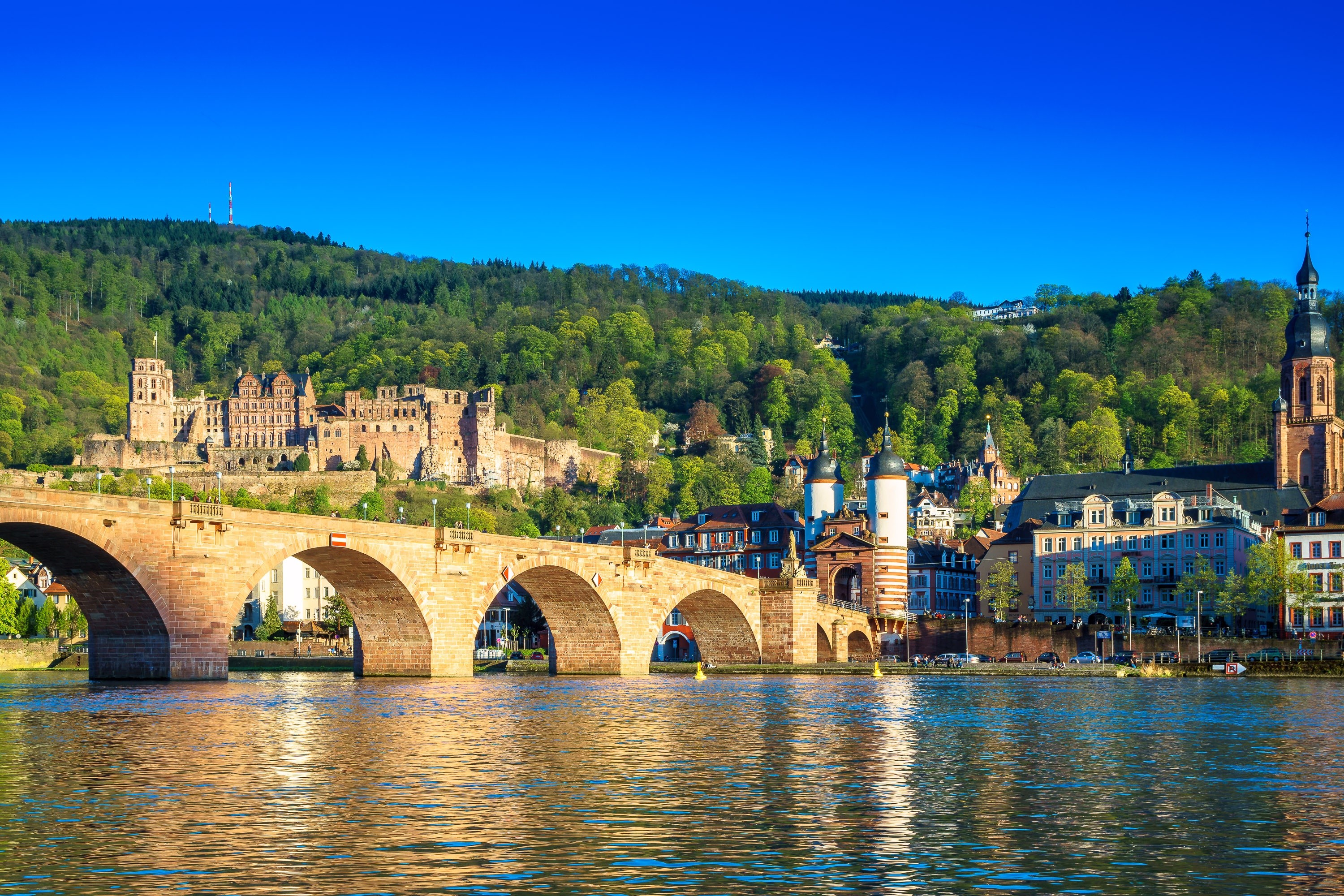 Heidelberg Castle and Karl Theodor Bridge over Neckar River HD Wallpaper