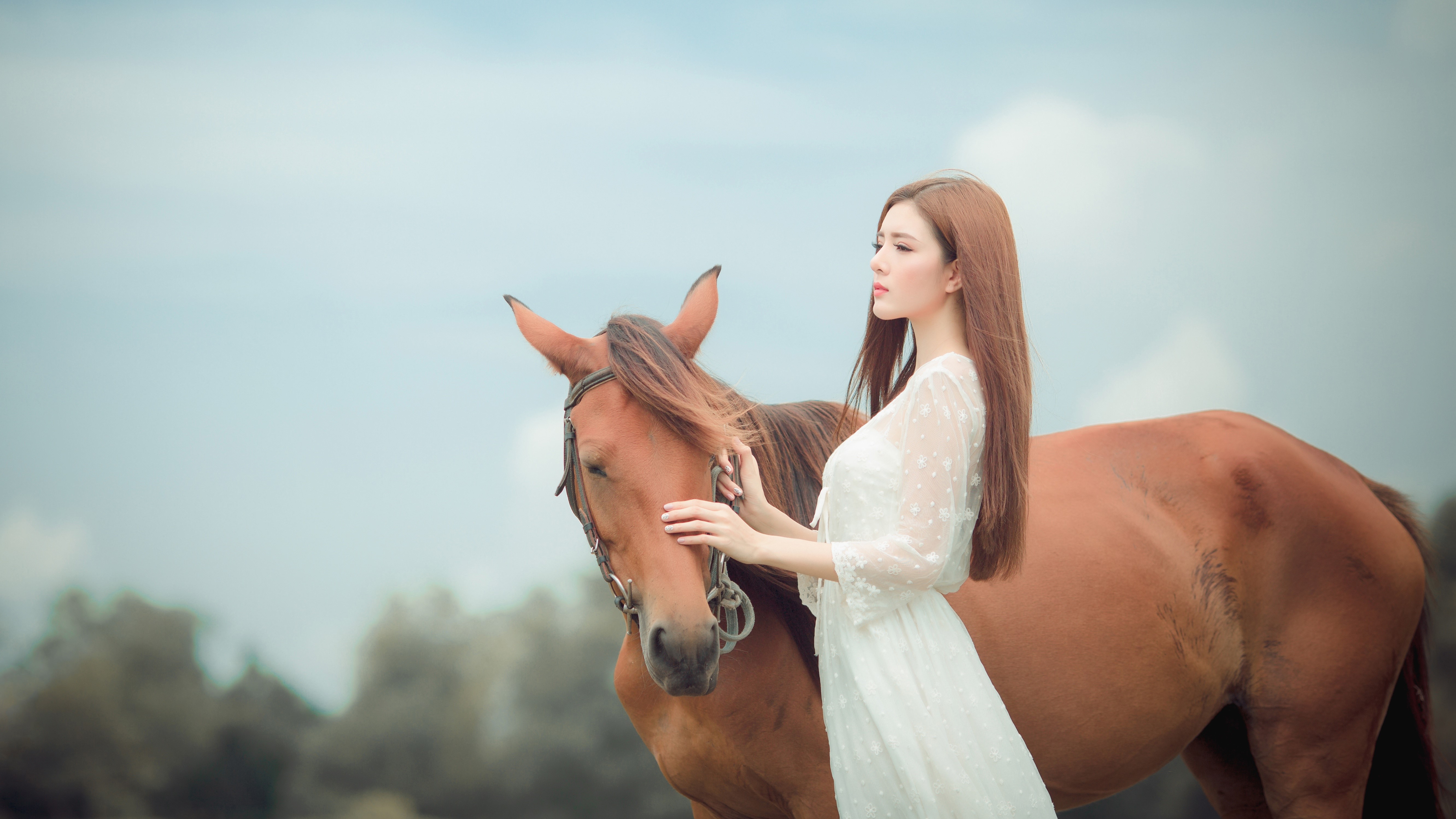 Asian woman in white dress with brown horse HD Wallpaper