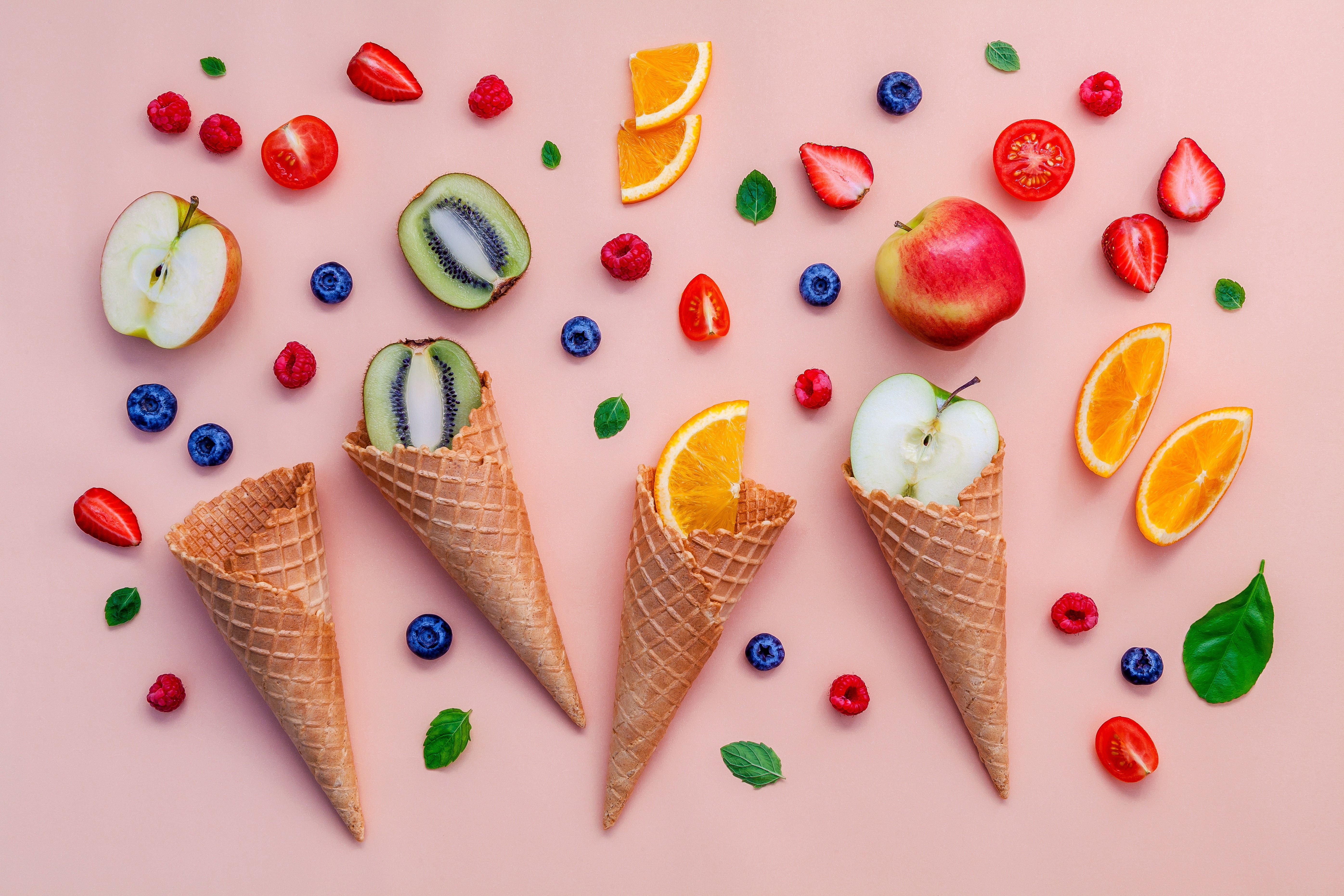 Assortment of Fruits in Waffle Cones HD Wallpaper