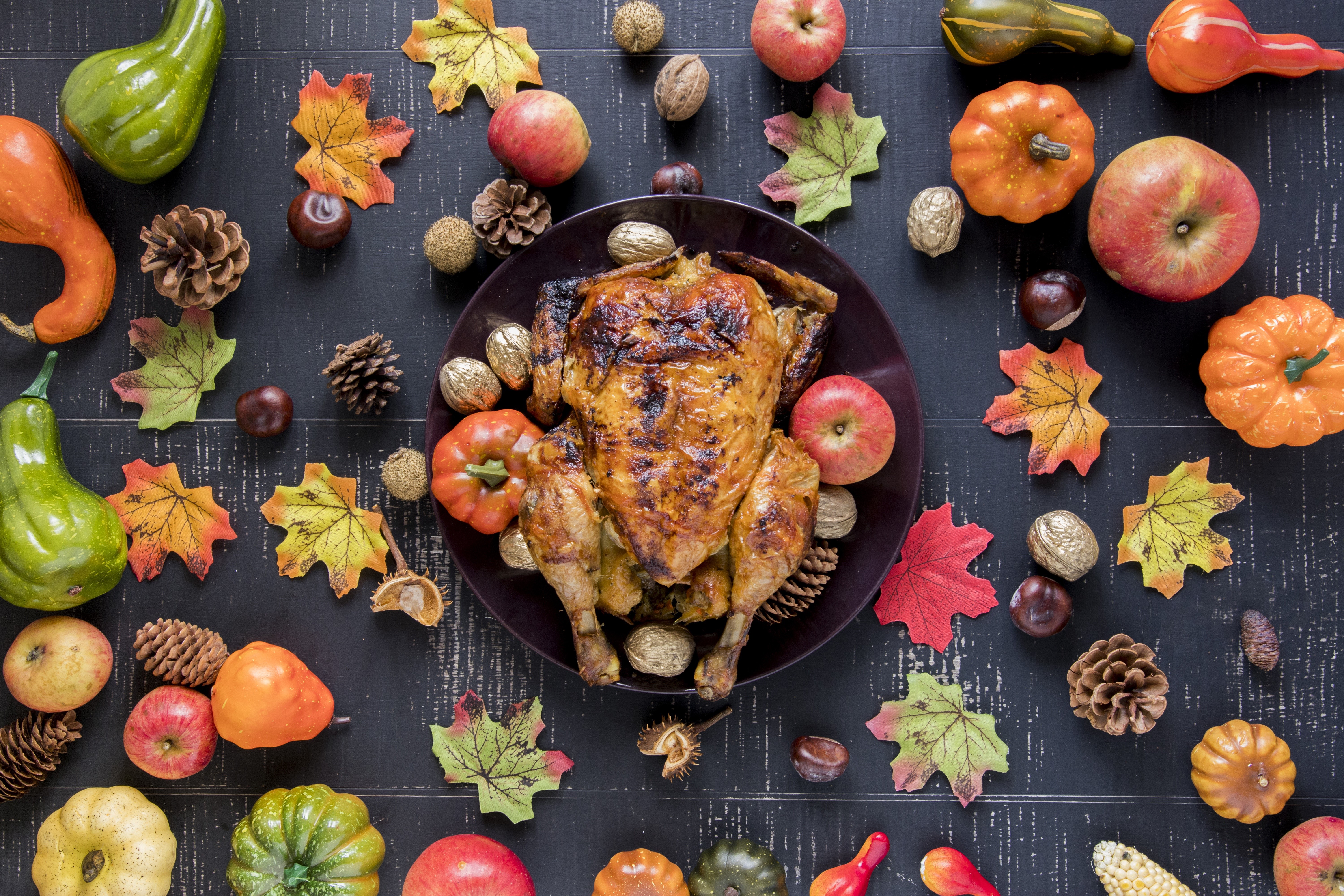 Roast Chicken with Apples and Autumn Decorations HD Wallpaper