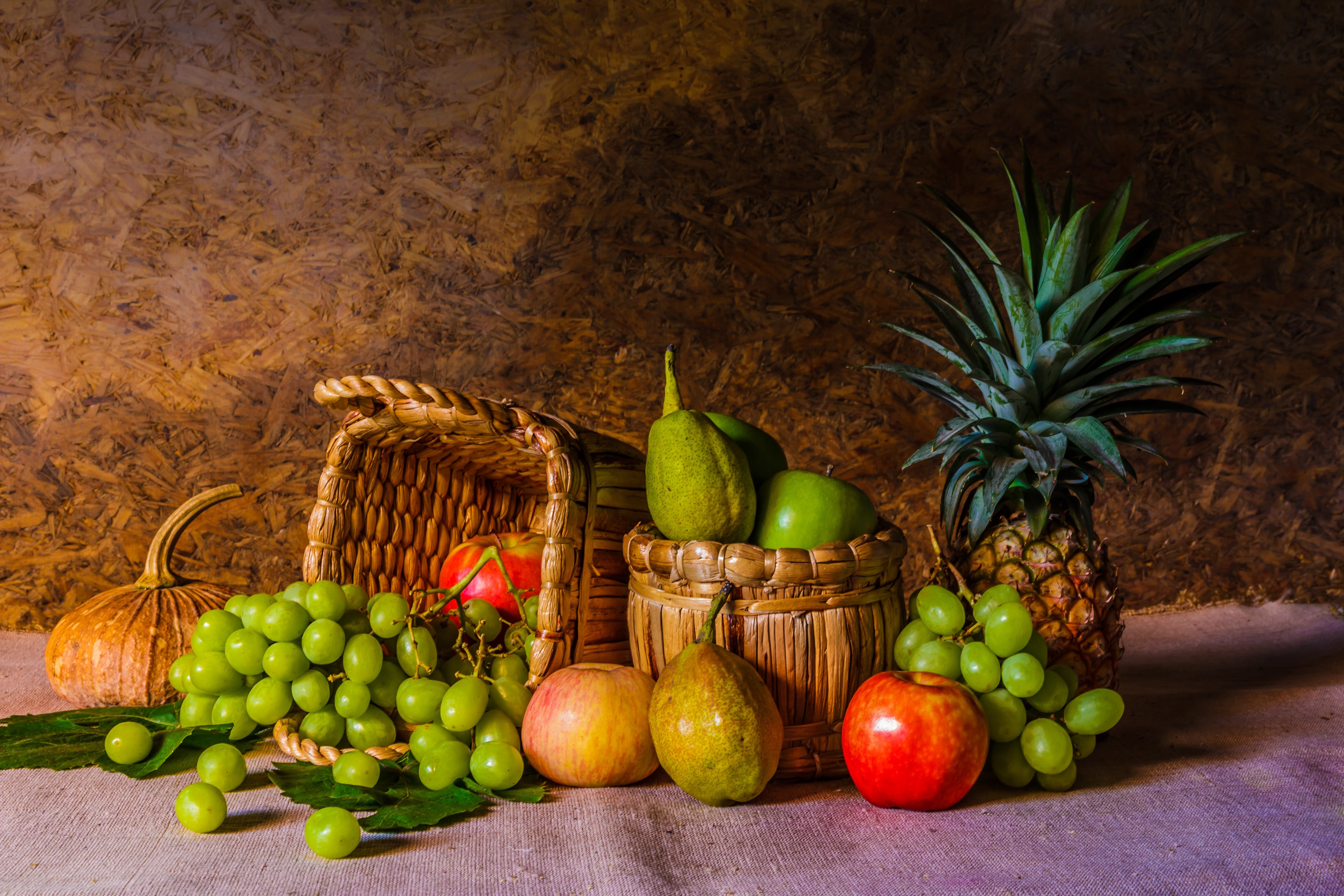 Still-life of Grapes and Fruit in Wicker Baskets HD Wallpaper