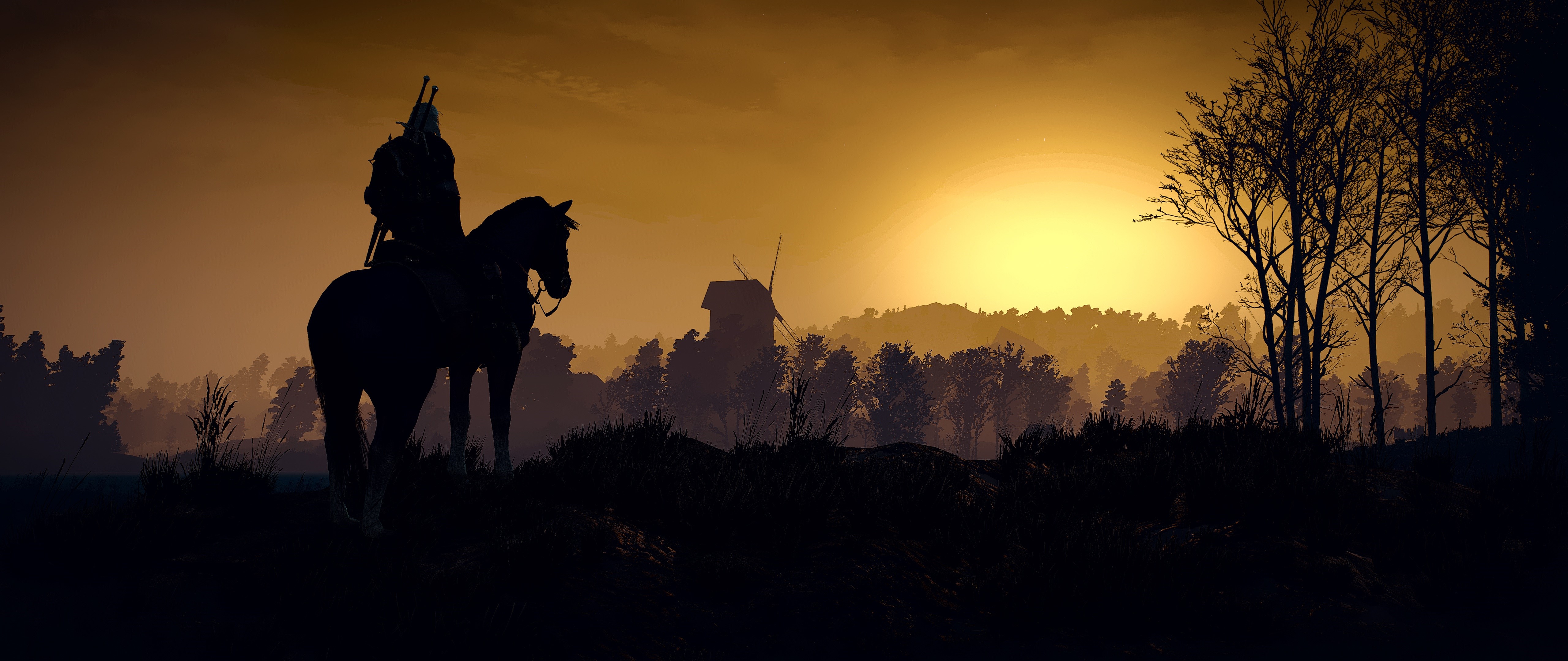 Geralt from The Witcher 3: Wild Hunt on horseback at sunset HD Wallpaper