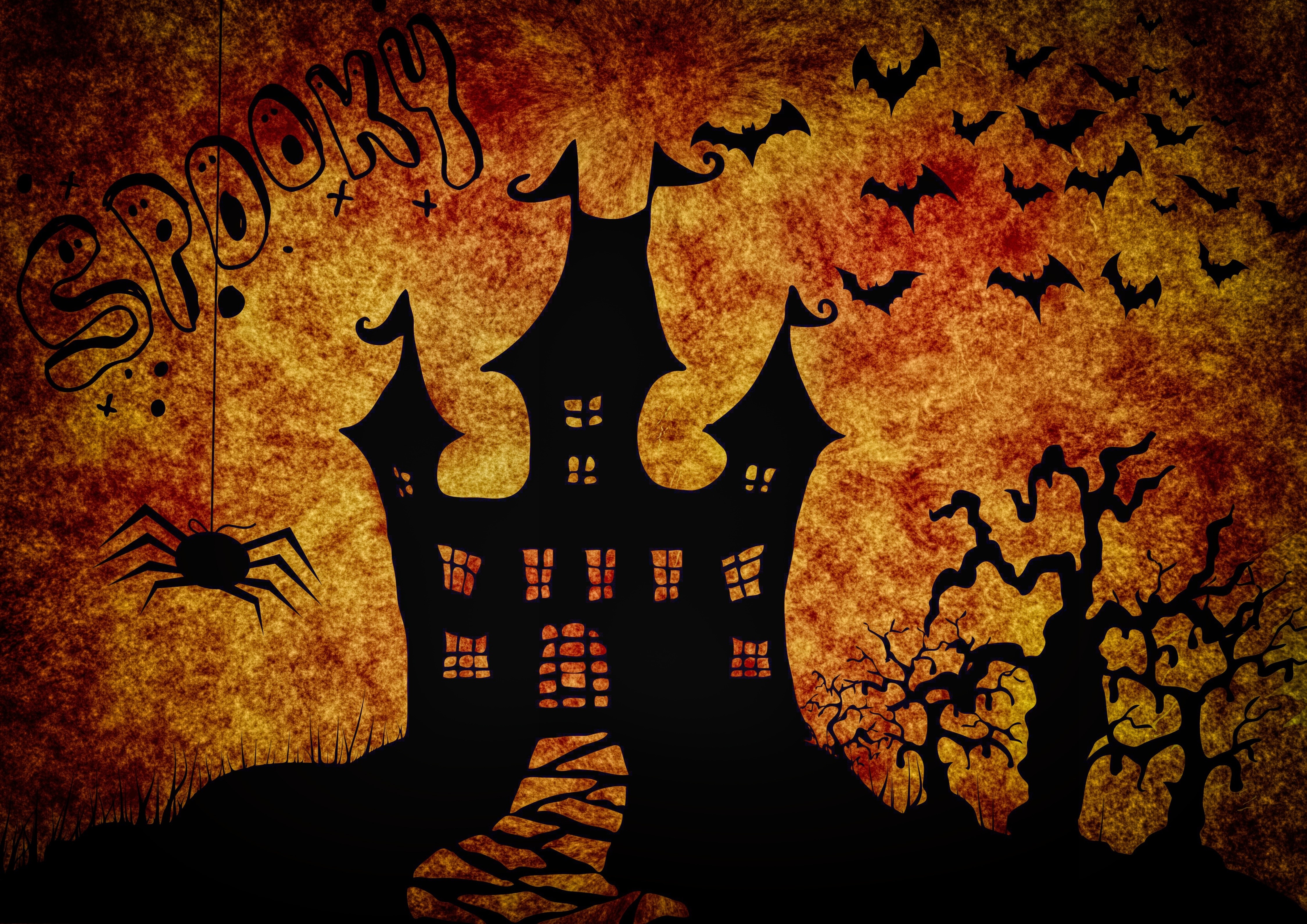 Halloween Spooky Castle with Bats and Spider HD Wallpaper