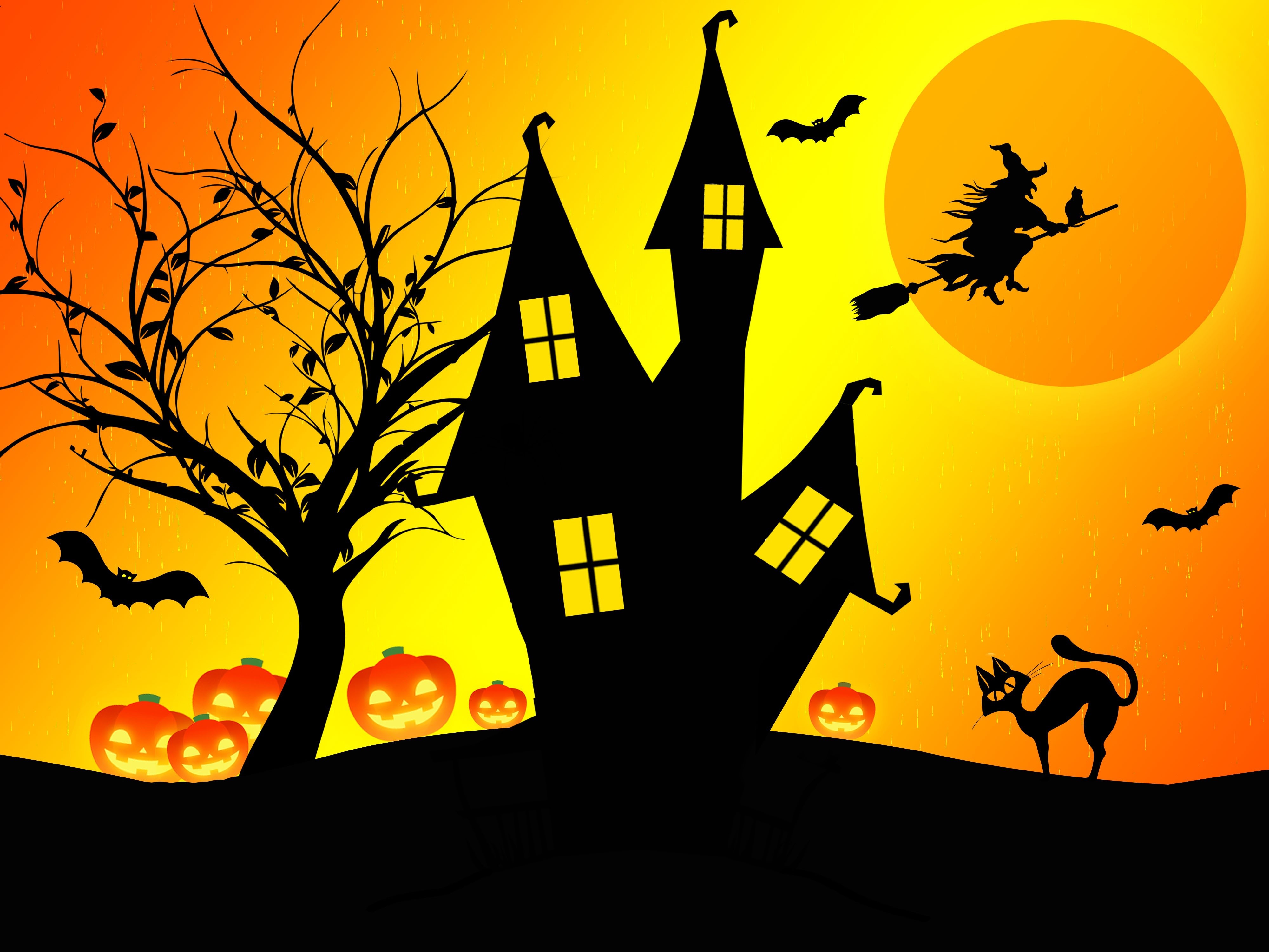Halloween castle with witch and pumpkins HD Wallpaper