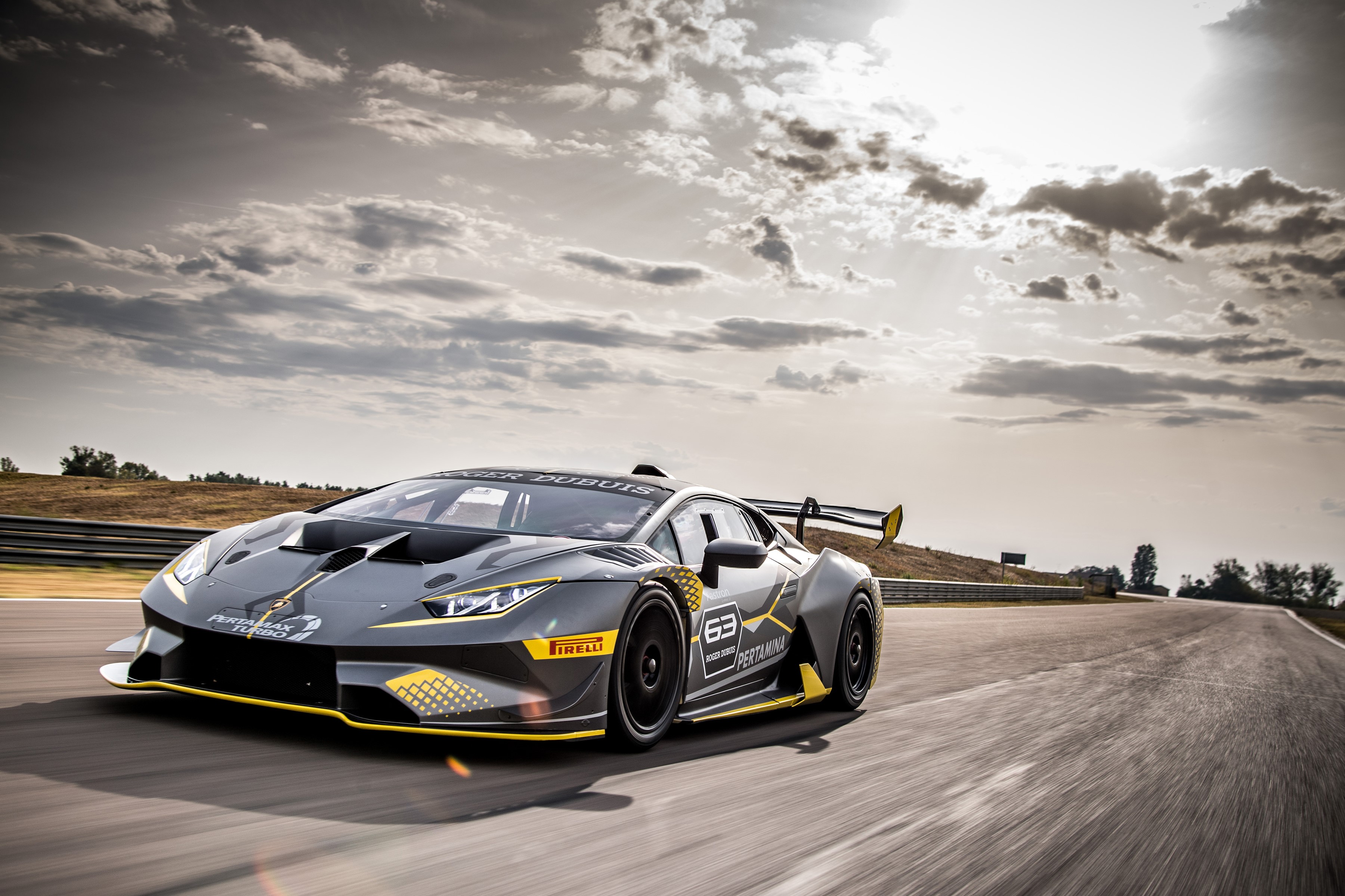 Grey Lamborghini Huracan GT3 EVO race car on track HD Wallpaper