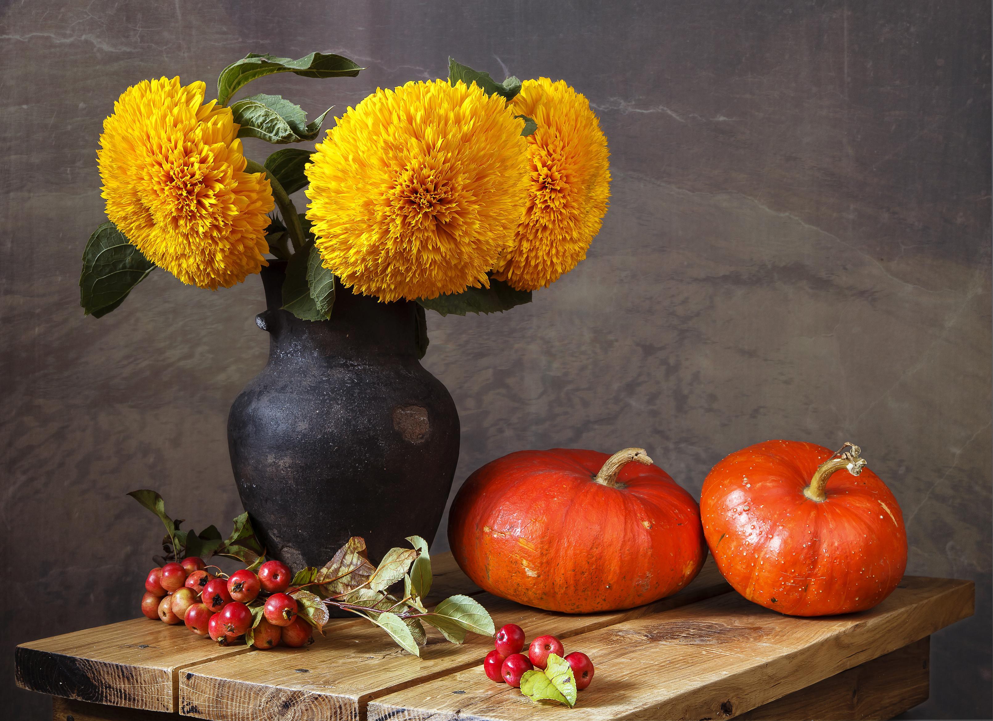 Still life with sunflowers, pumpkins, and crabapples HD Wallpaper