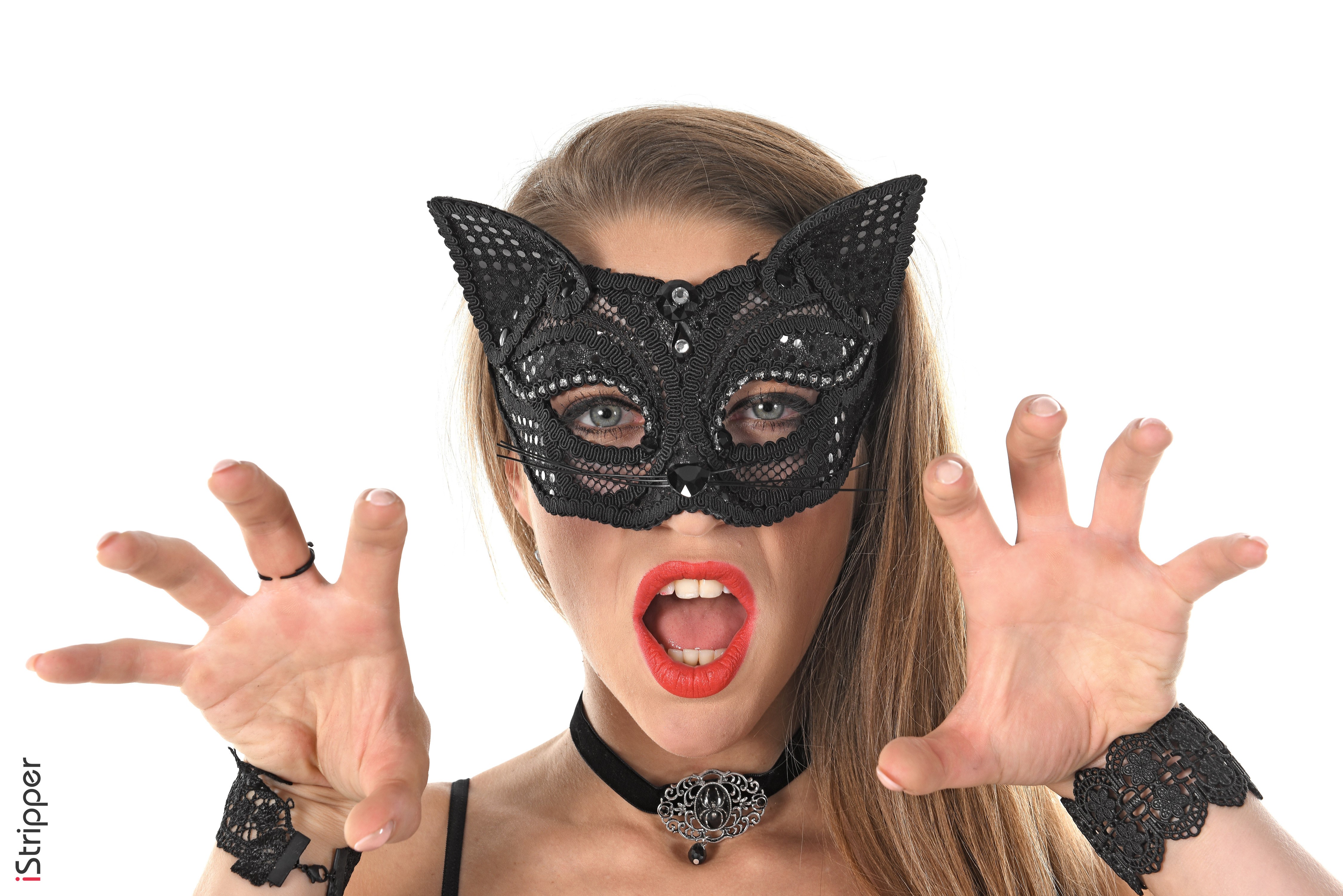 Woman in black cat mask with red lipstick HD Wallpaper