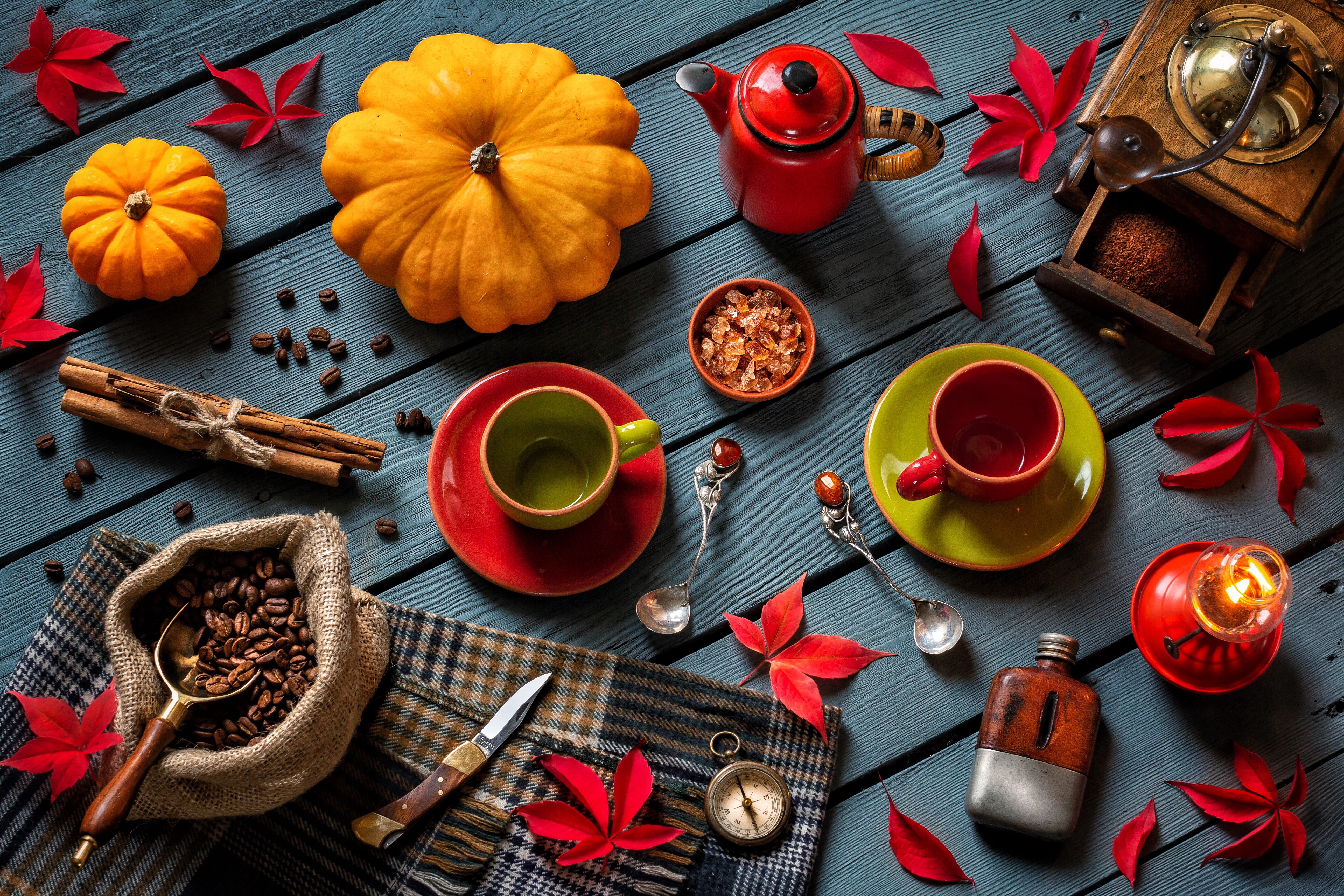 Autumn coffee and pumpkin still life HD Wallpaper