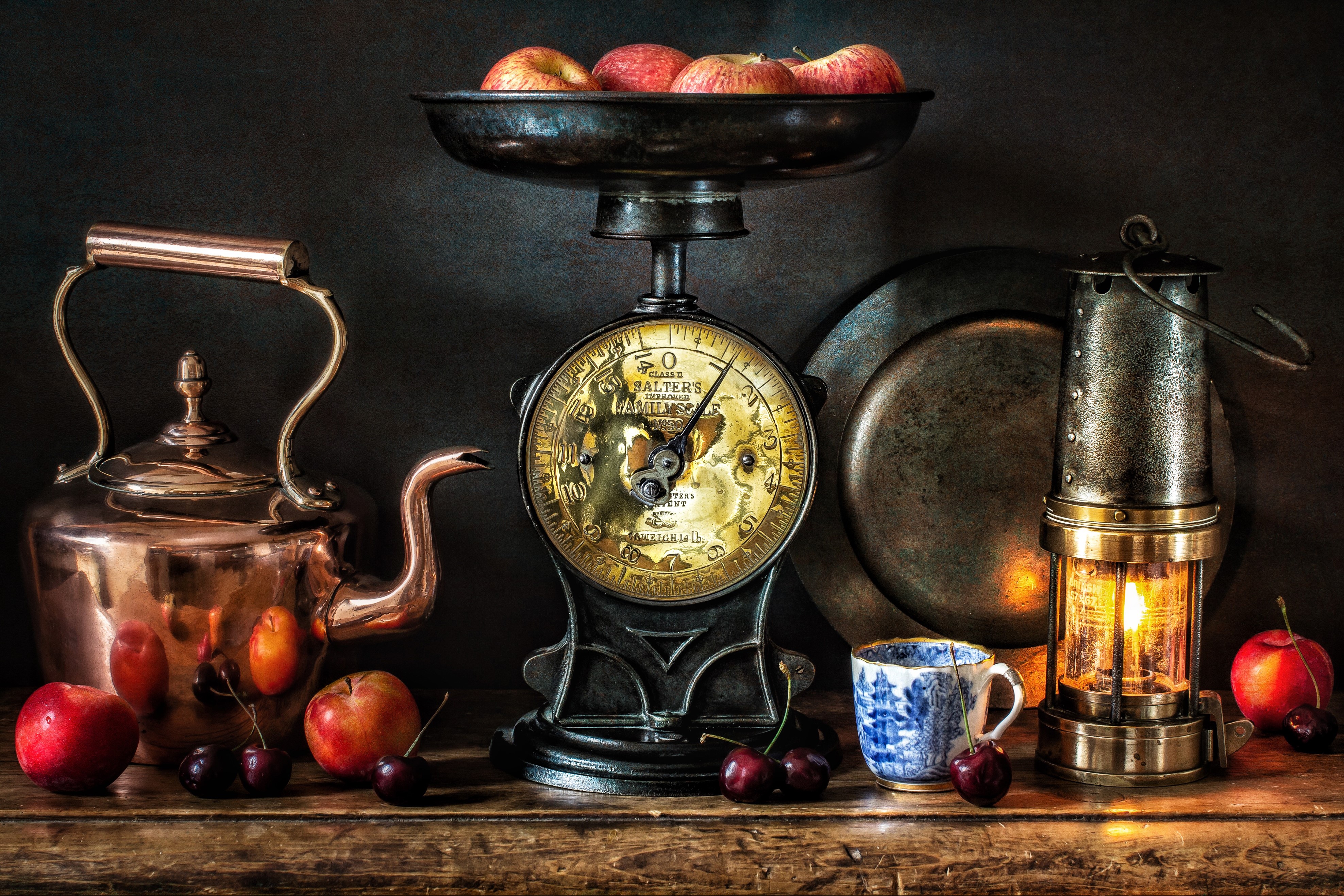 Still-life with Kettle, Apples, and Lantern HD Wallpaper