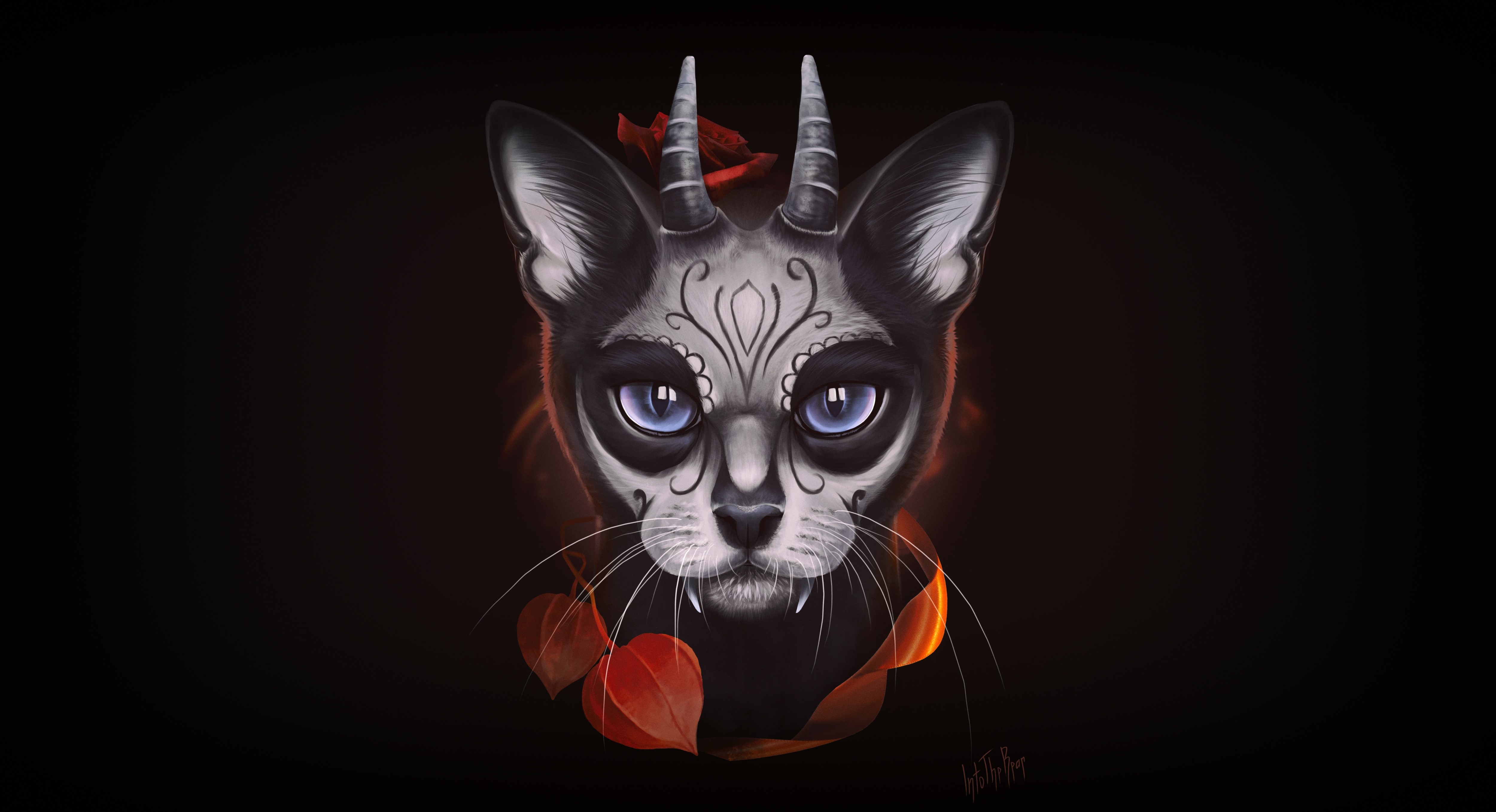 Cat with horns and sugar skull face HD Wallpaper