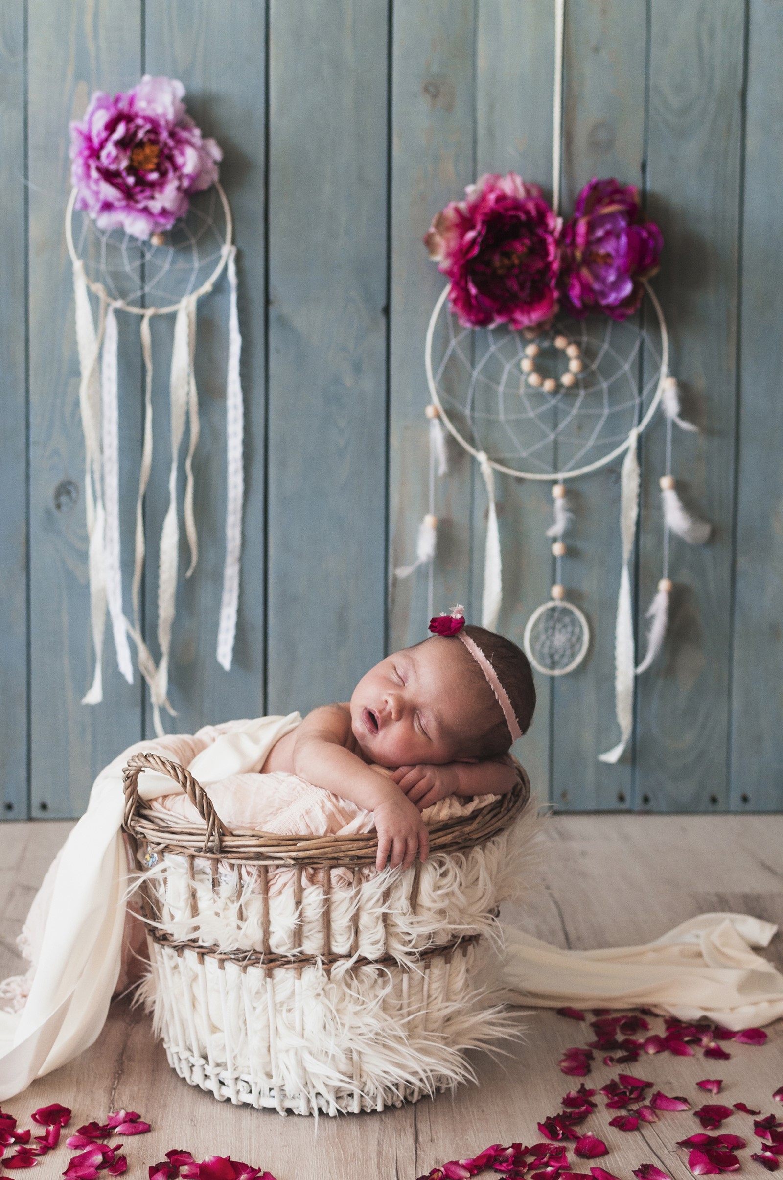 Newborn baby sleeping in a basket with dreamcatchers HD Phone Wallpaper