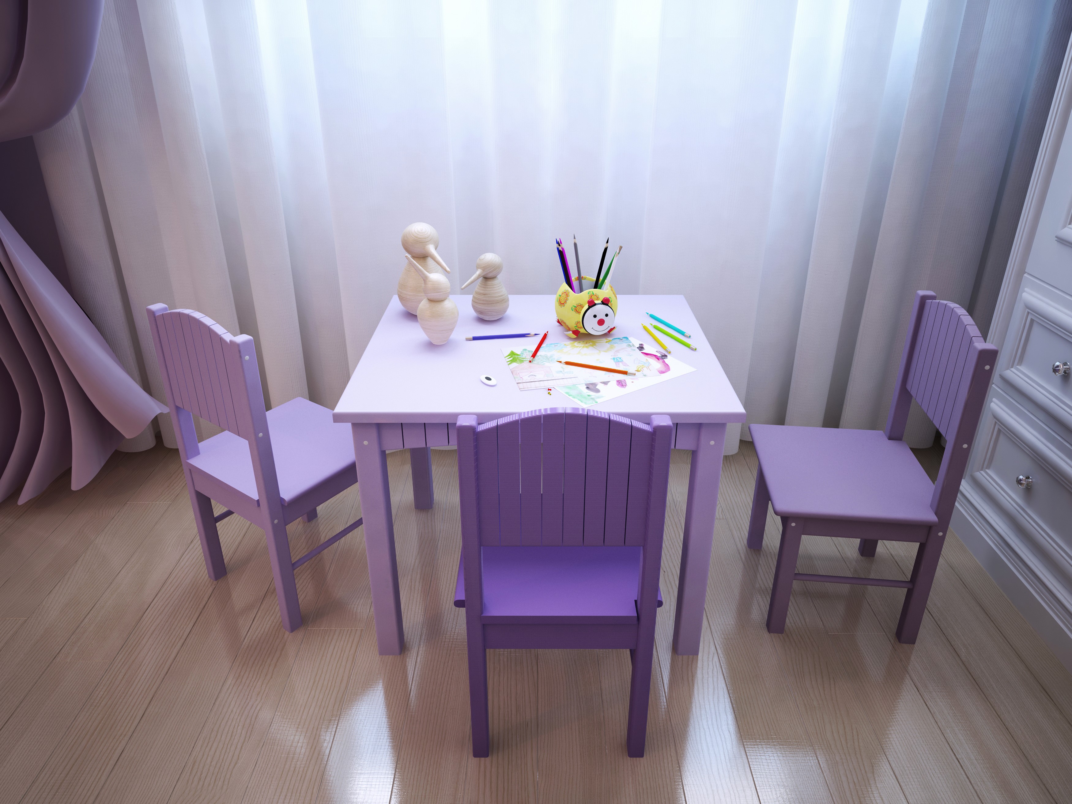 Children's purple table and chairs with art supplies HD Wallpaper
