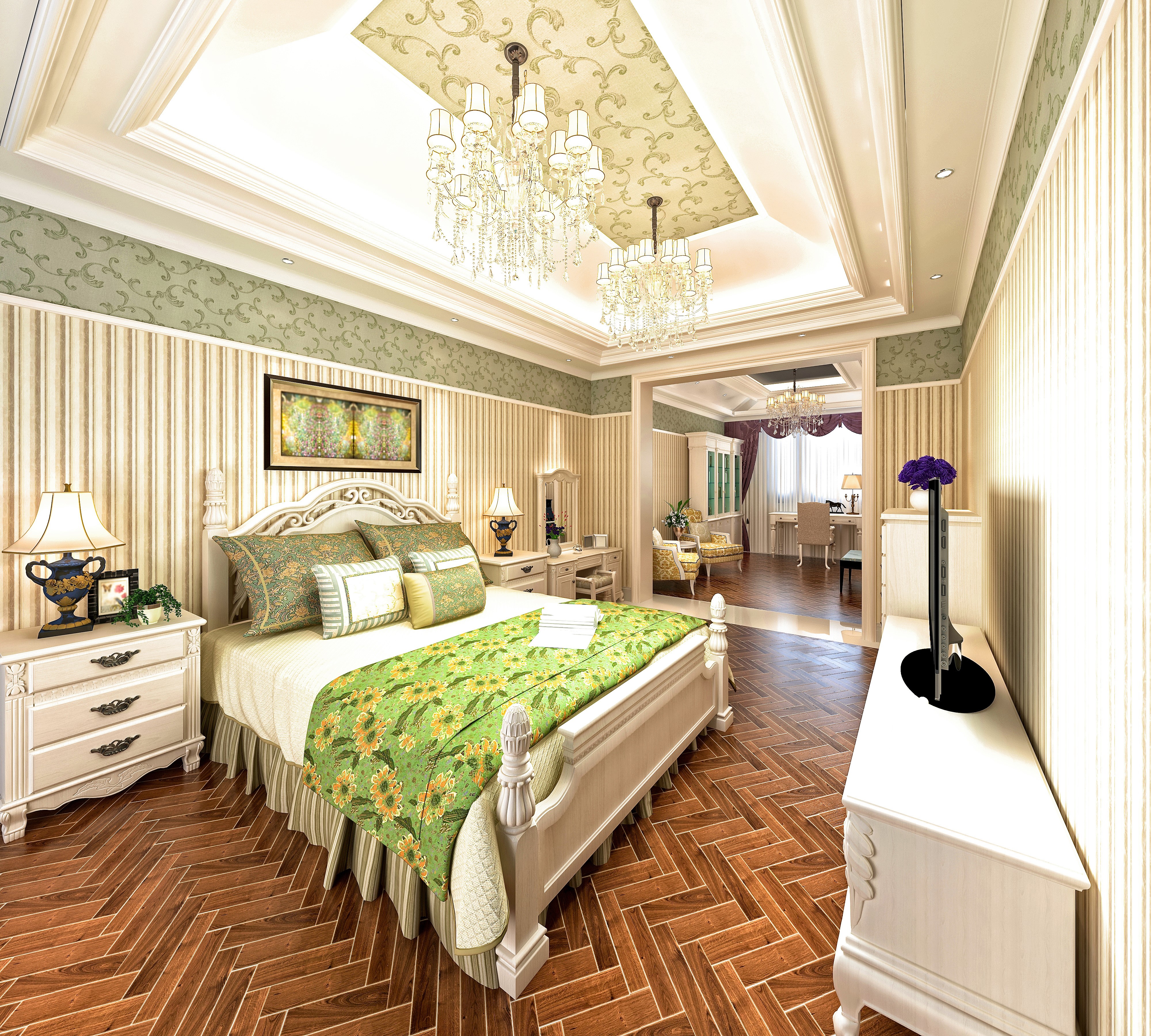 Bedroom Interior Design with Bed and Chandeliers HD Wallpaper
