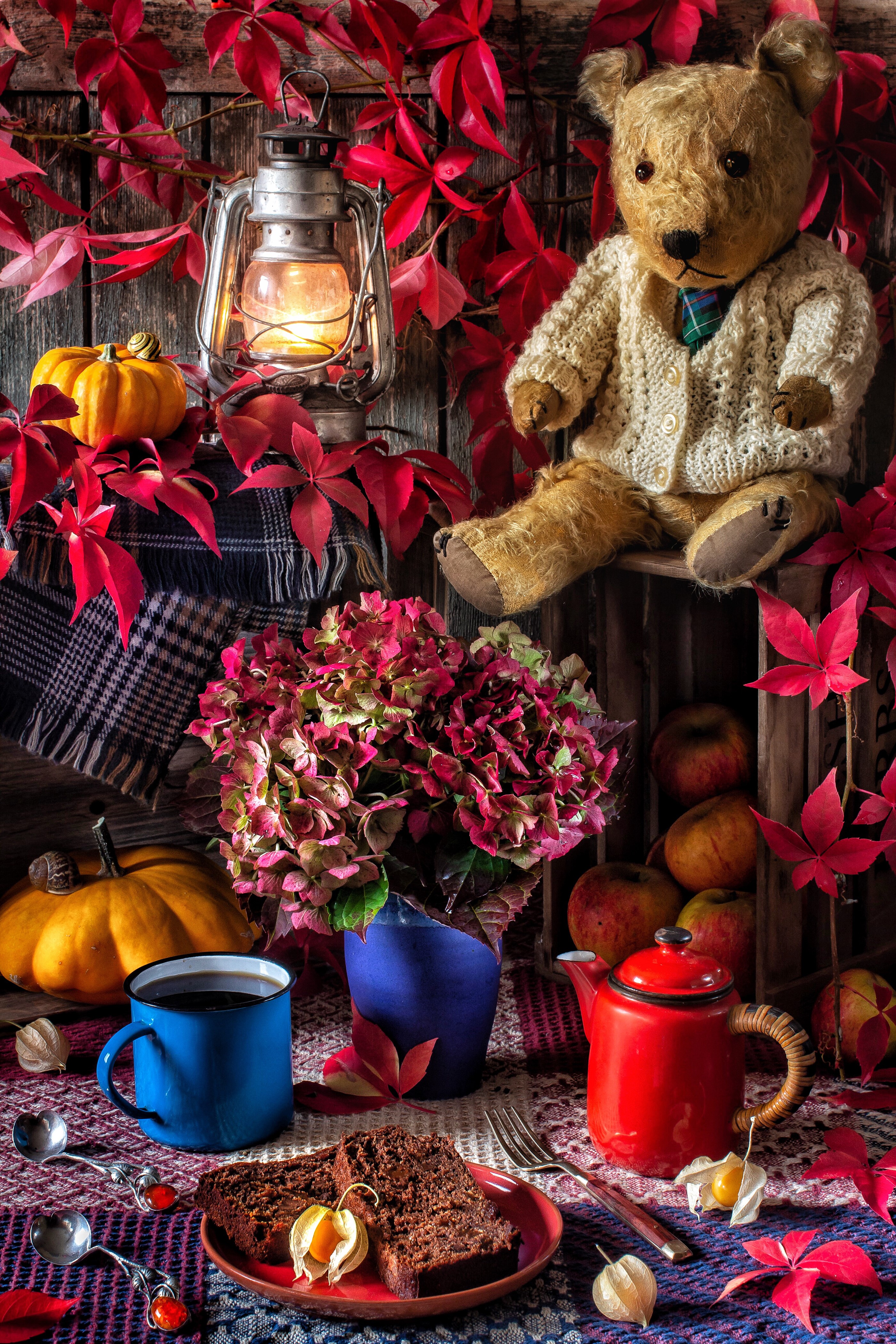 Autumn still-life with teddy bear, lantern, and cake HD Phone Wallpaper