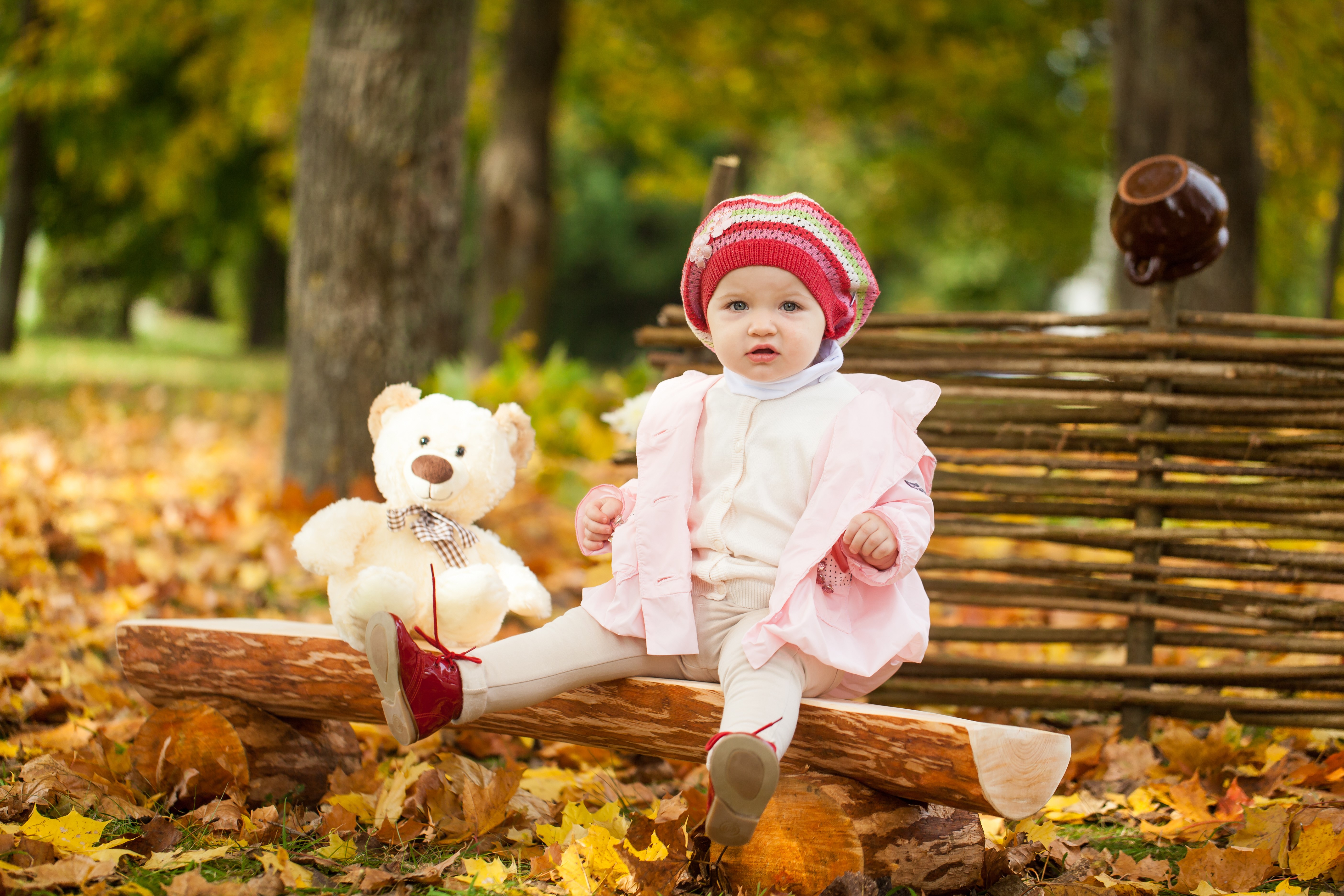 Little girl with teddy bear in autumn park HD Wallpaper