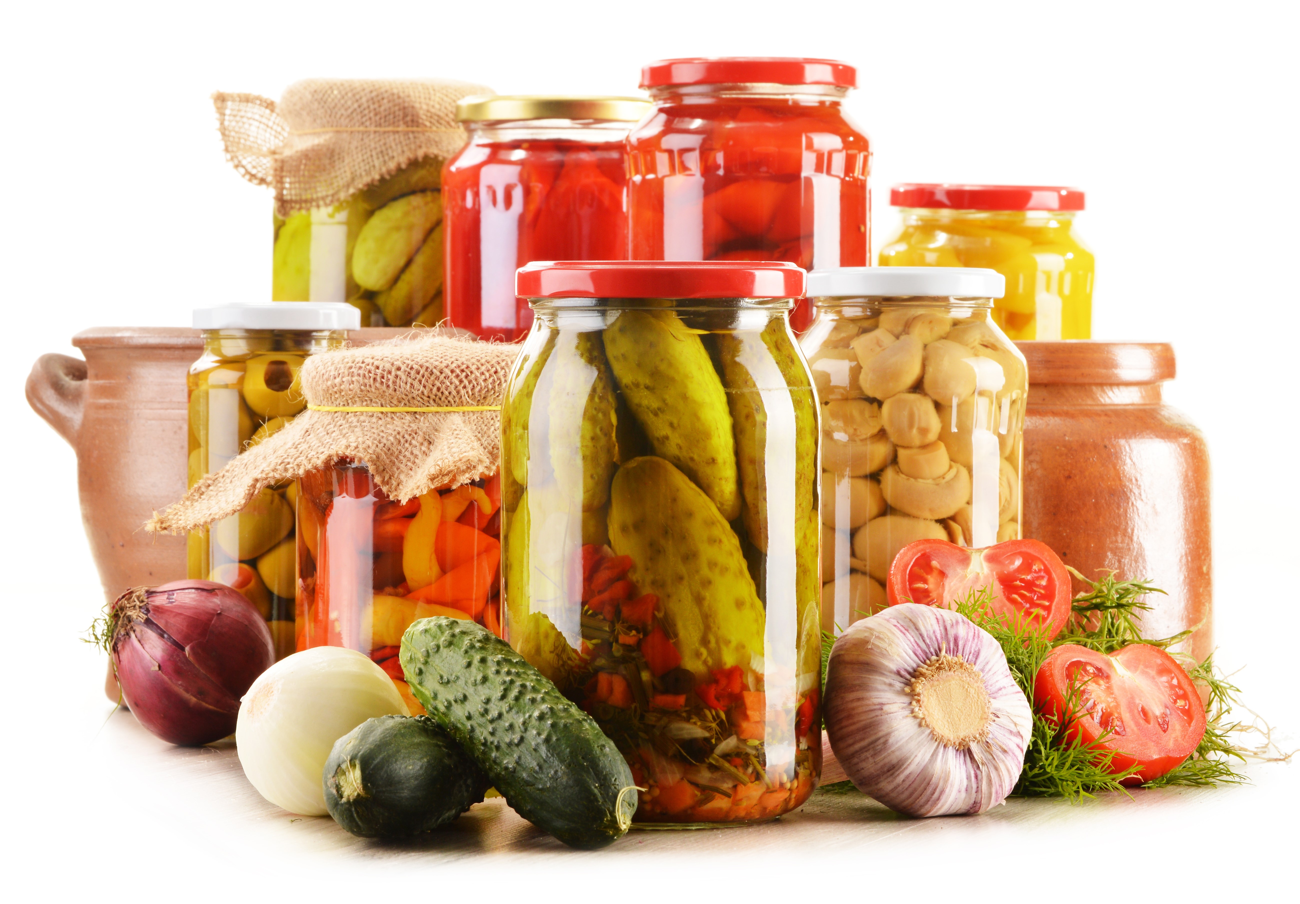 Jars of Pickled Vegetables and Mushrooms with Fresh Produce HD Wallpaper