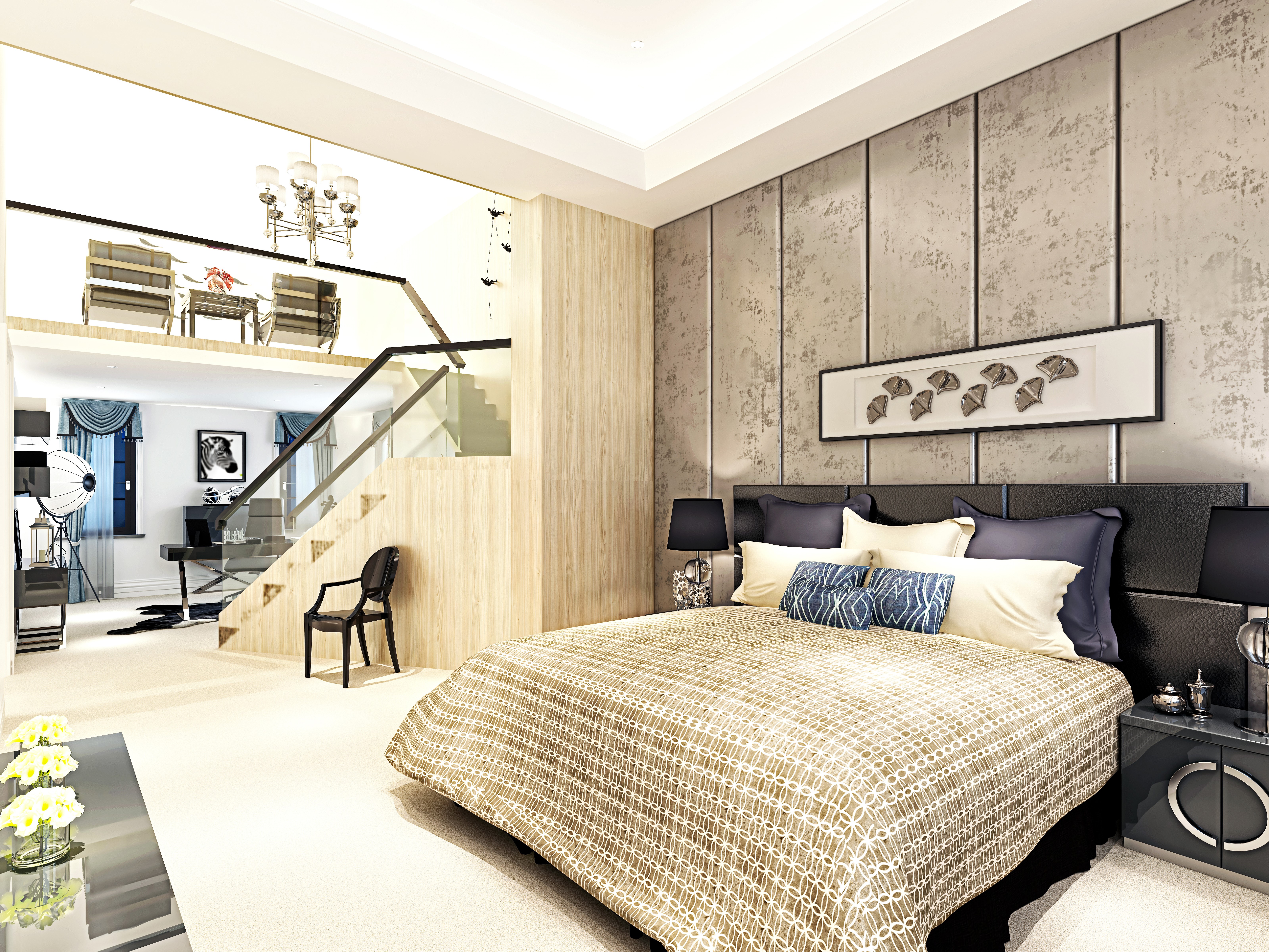 Modern Bedroom with Loft and Staircase HD Wallpaper