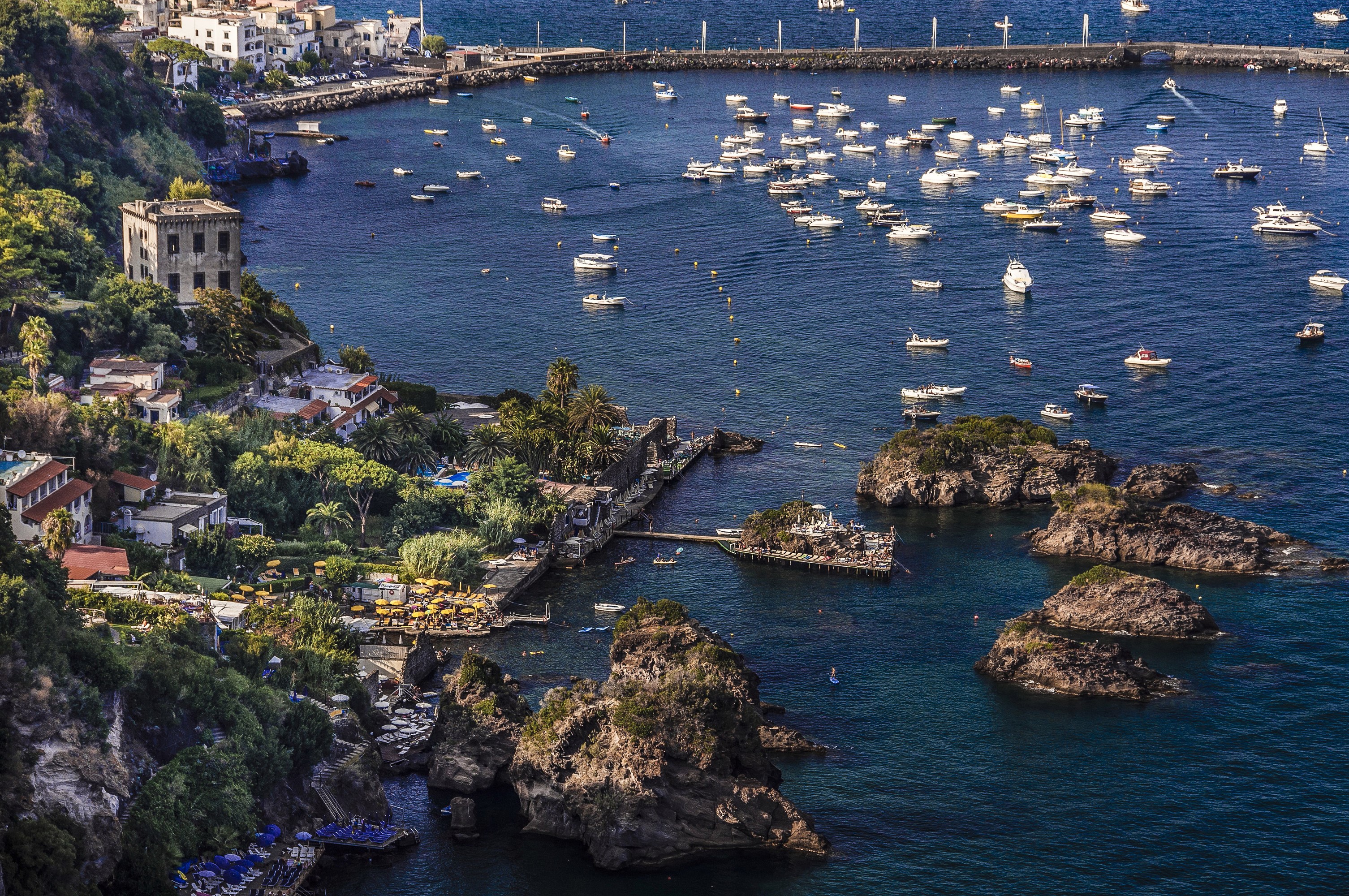Cartaromana Bay Ischia Italy with Houses and Marinas HD Wallpaper
