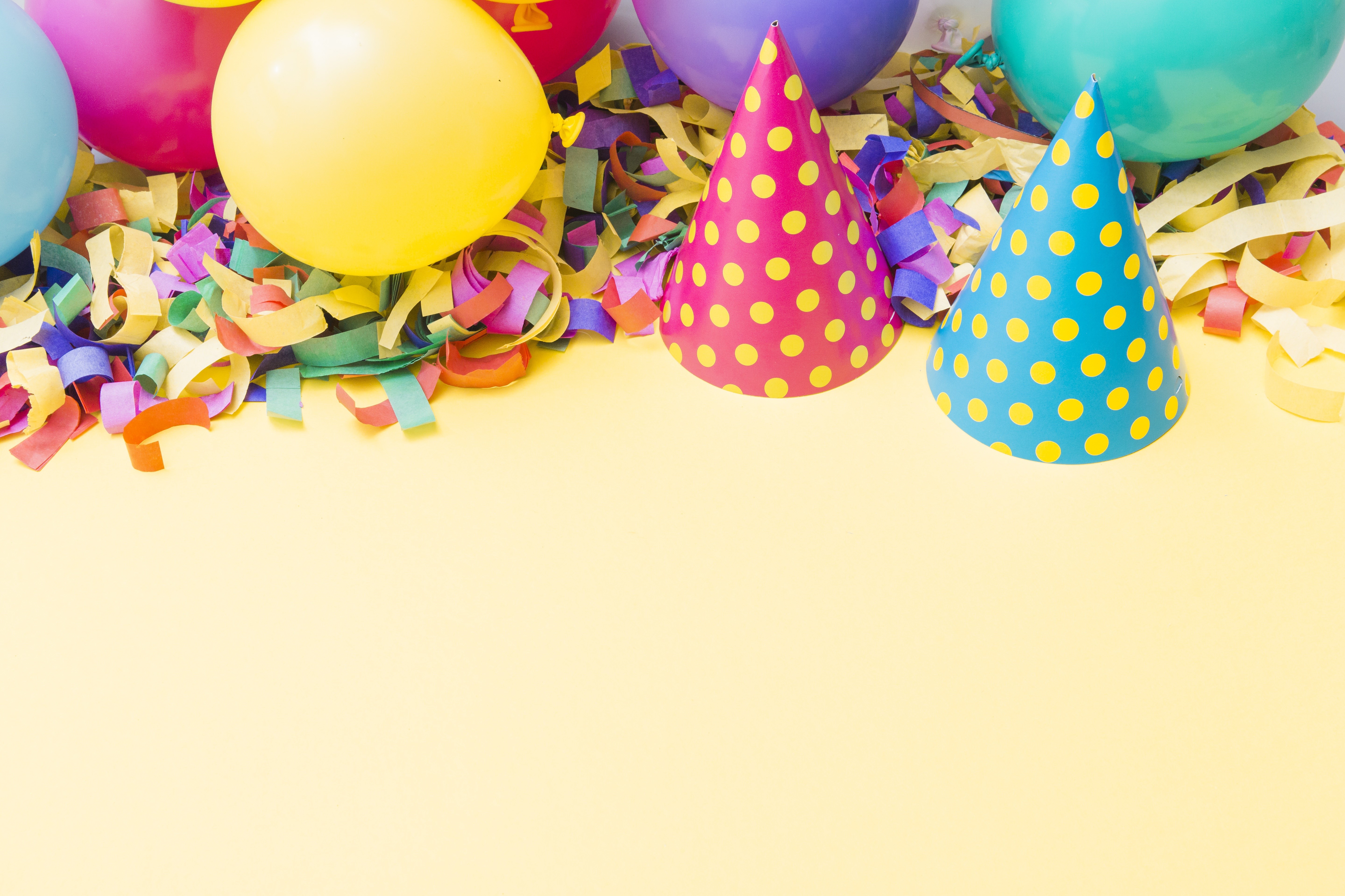 Birthday Party Hats and Balloons HD Wallpaper