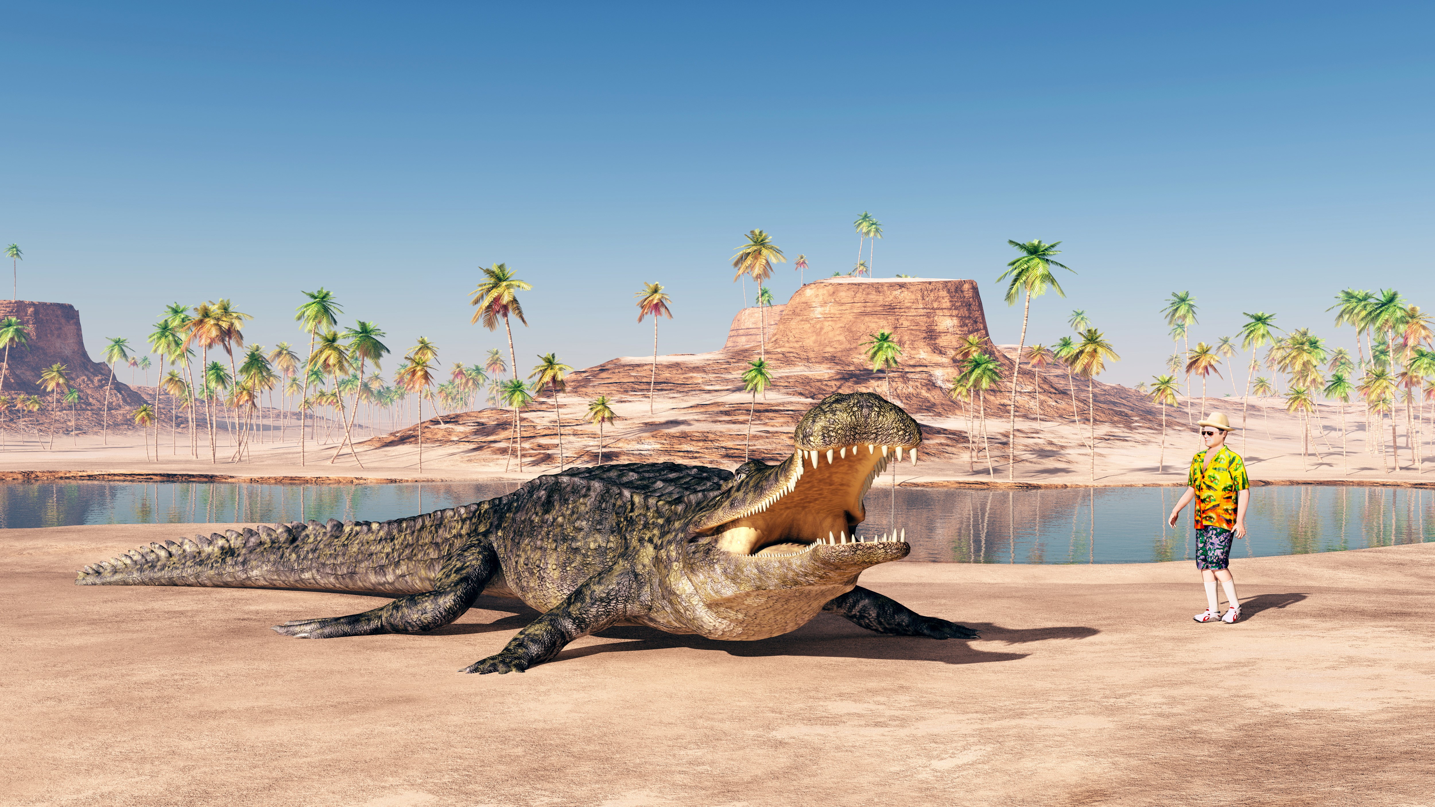 Giant crocodile and man in desert oasis HD Wallpaper