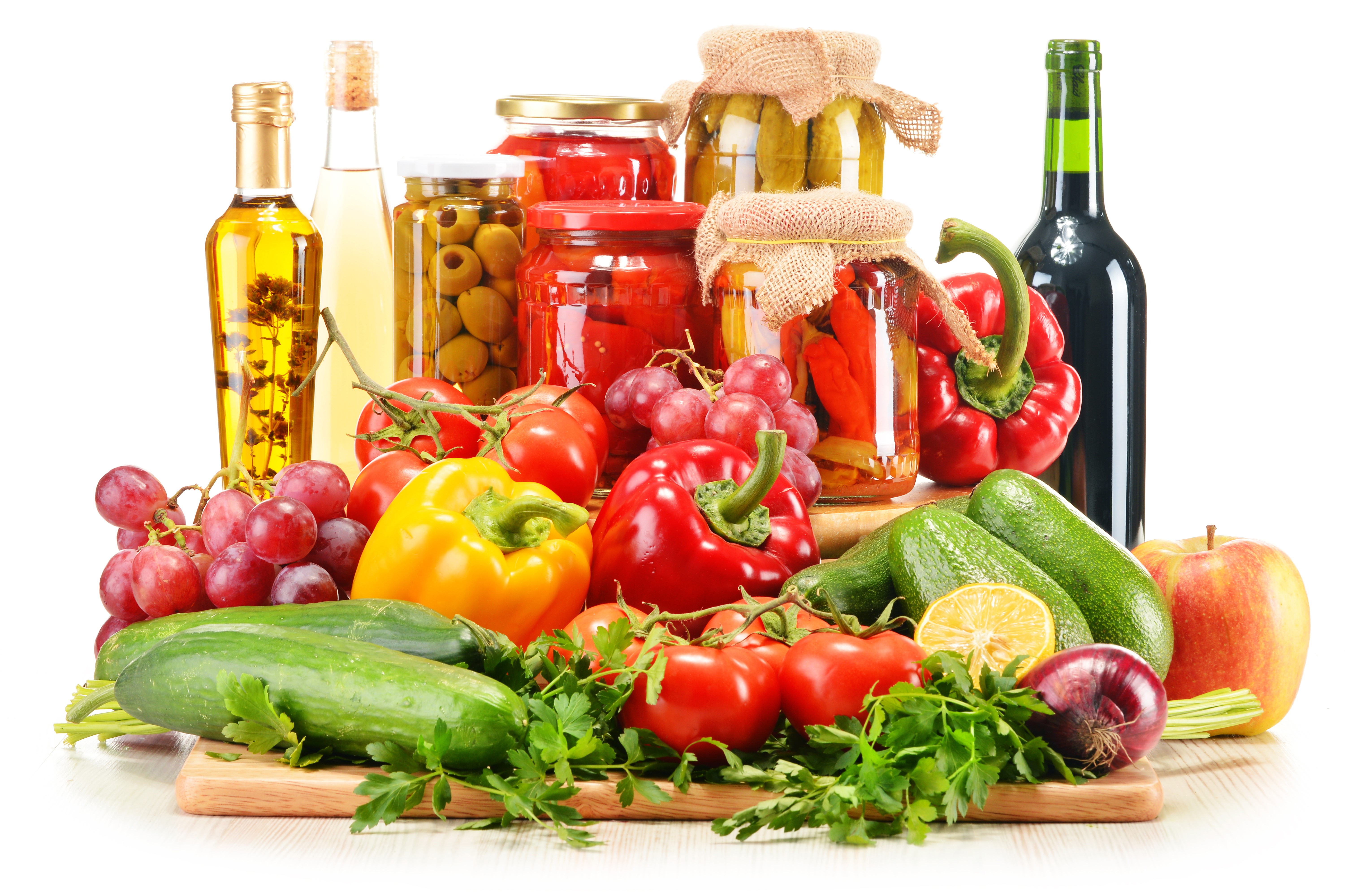 Assortment of fresh produce and preserved goods HD Wallpaper