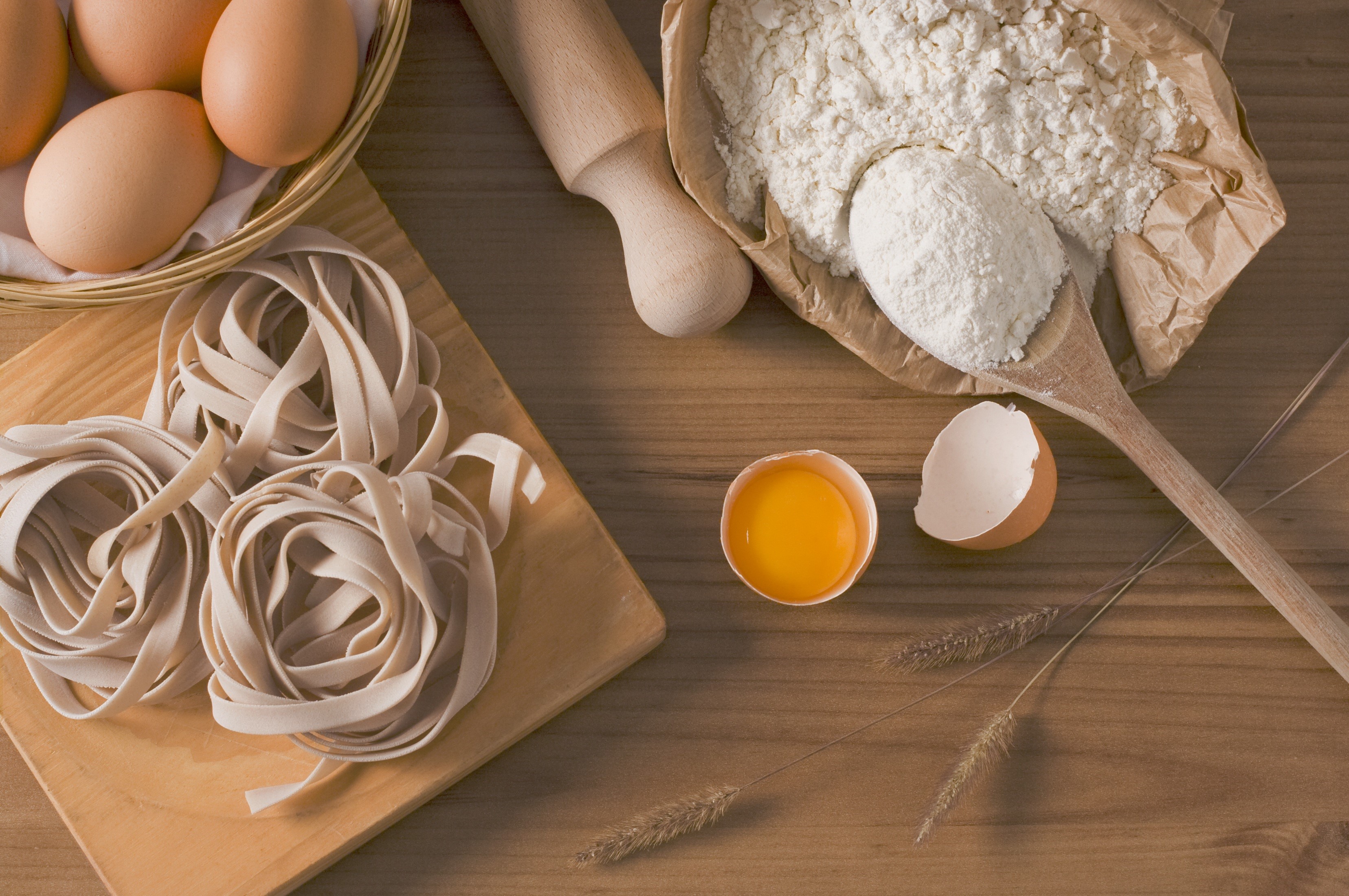 Fresh pasta ingredients with eggs and flour HD Wallpaper