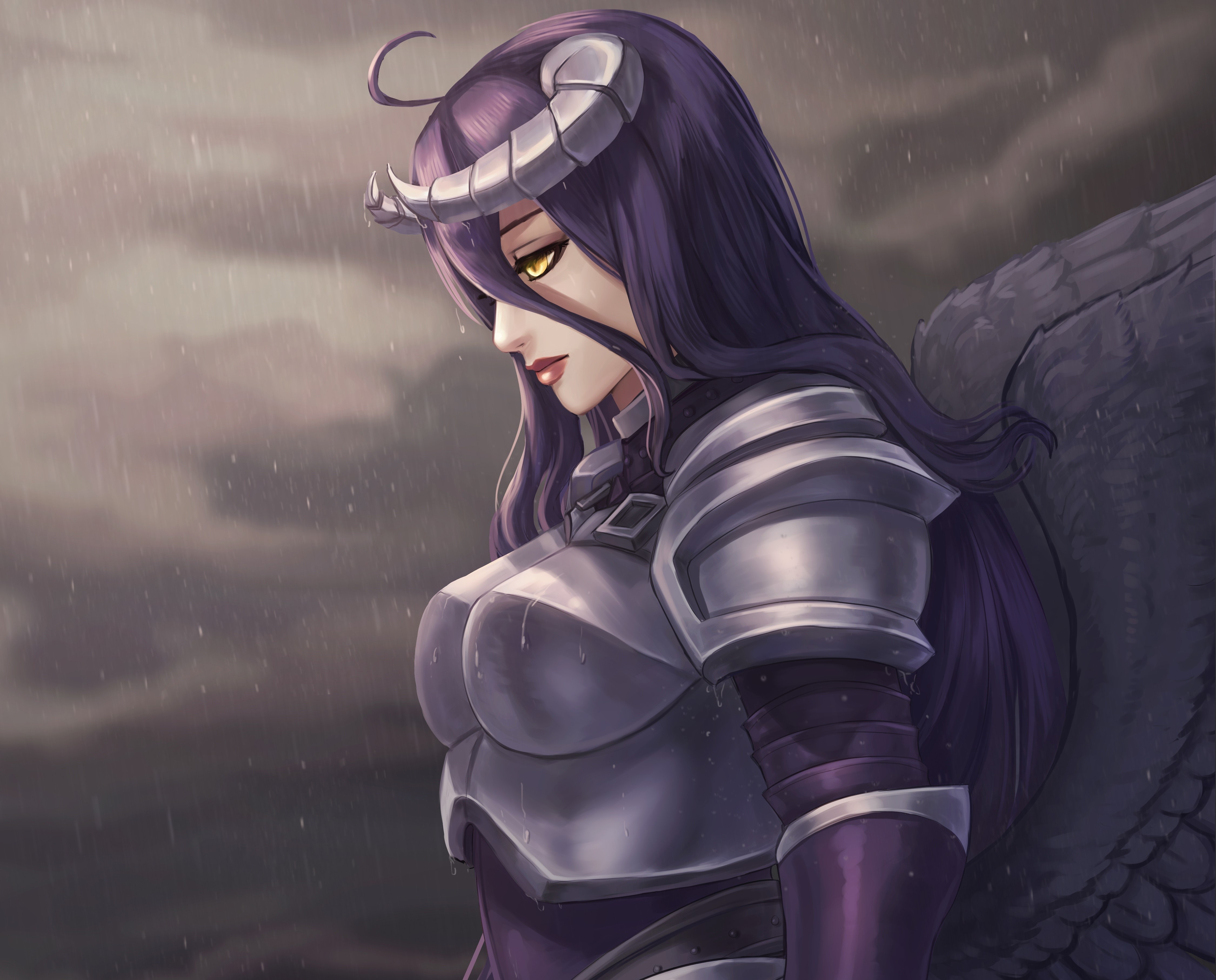 Albedo from Overlord in armor during rain HD Wallpaper