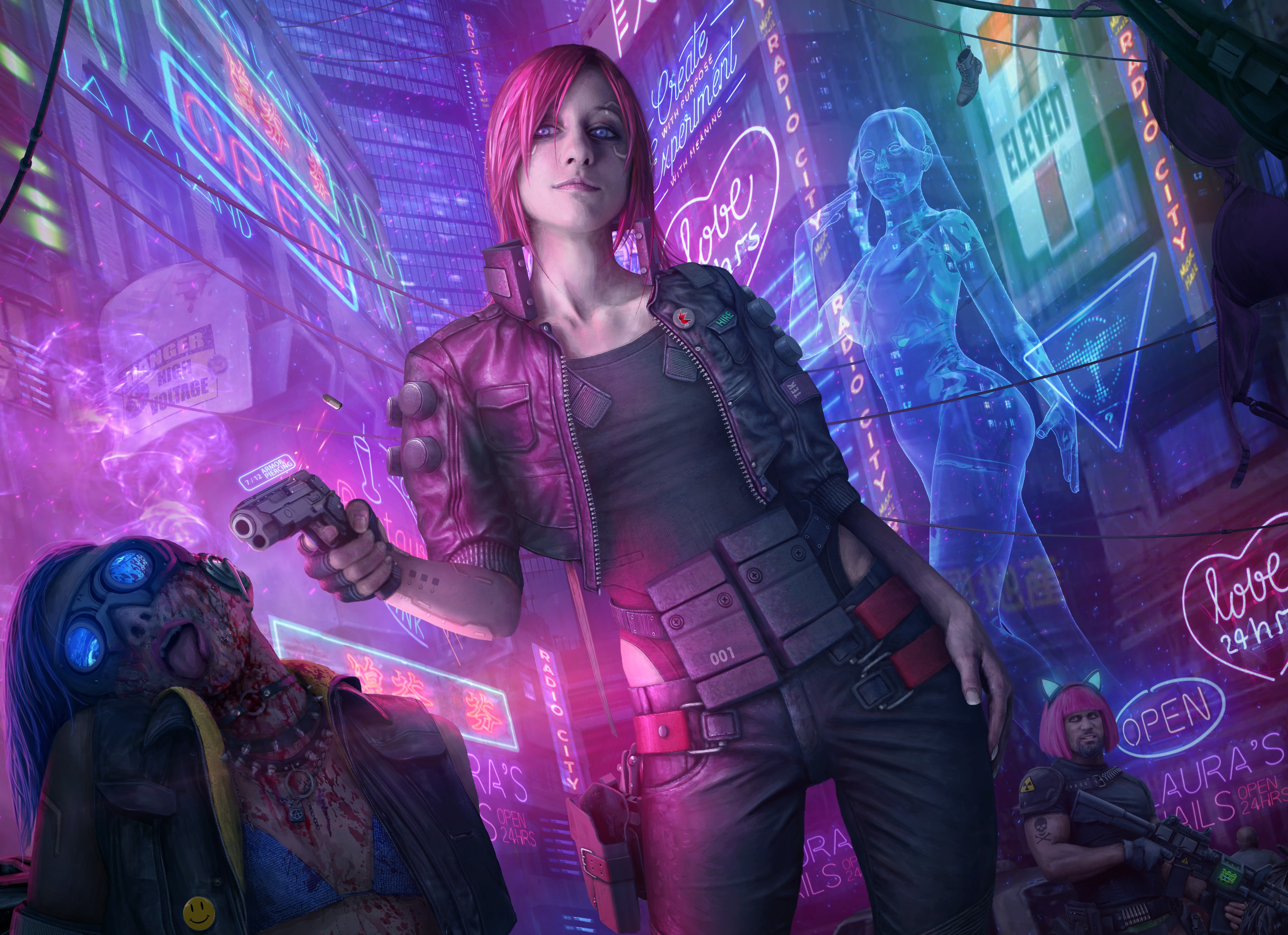 Cyberpunk 2077 redhead girl with pistol HD Wallpaper