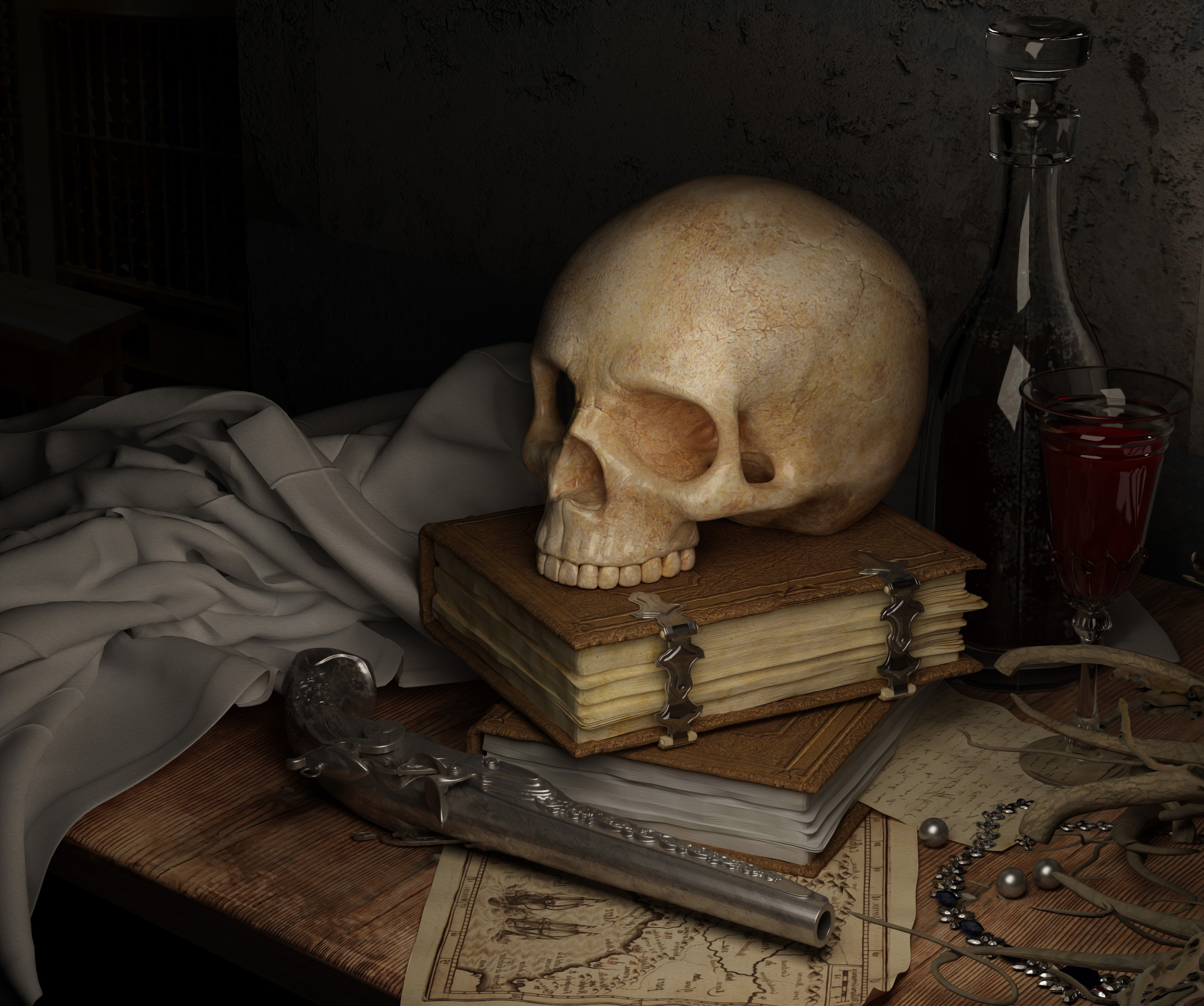 4K Still Life with Skull and Pistol HD Wallpaper