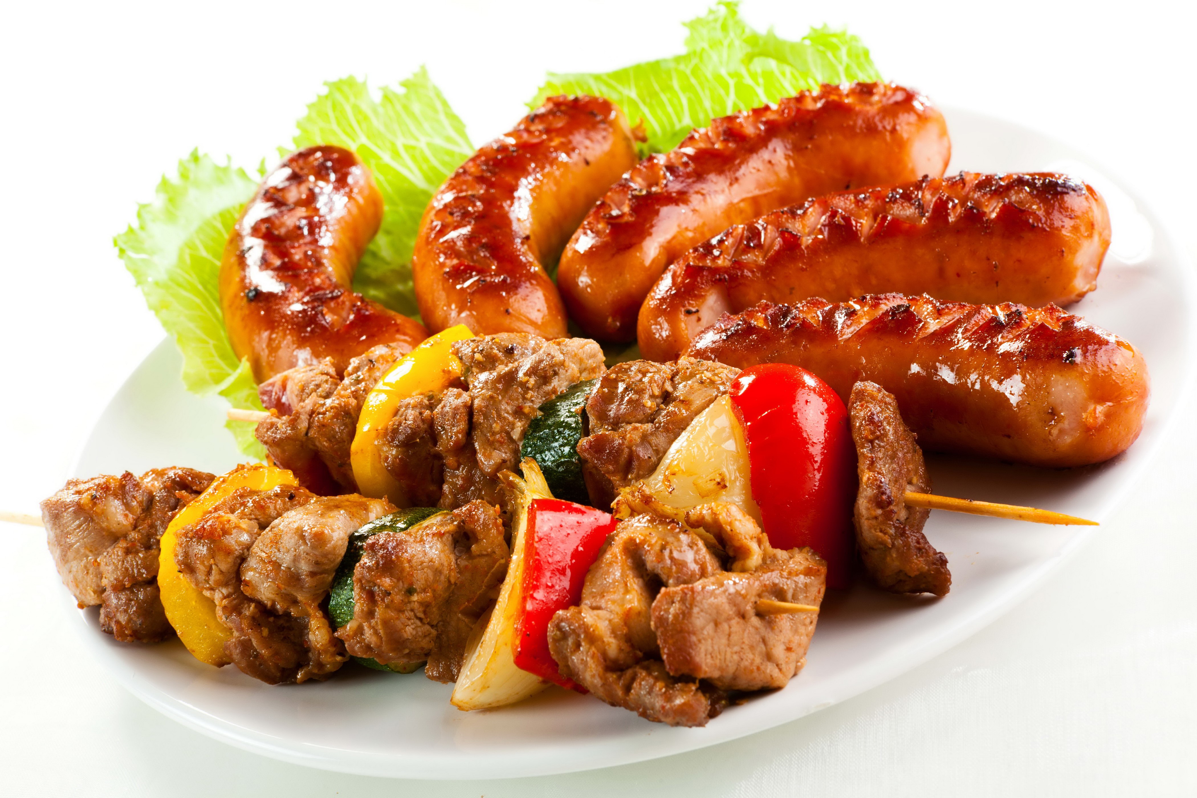 Grilled Sausages and Meat Skewers with Vegetables HD Wallpaper