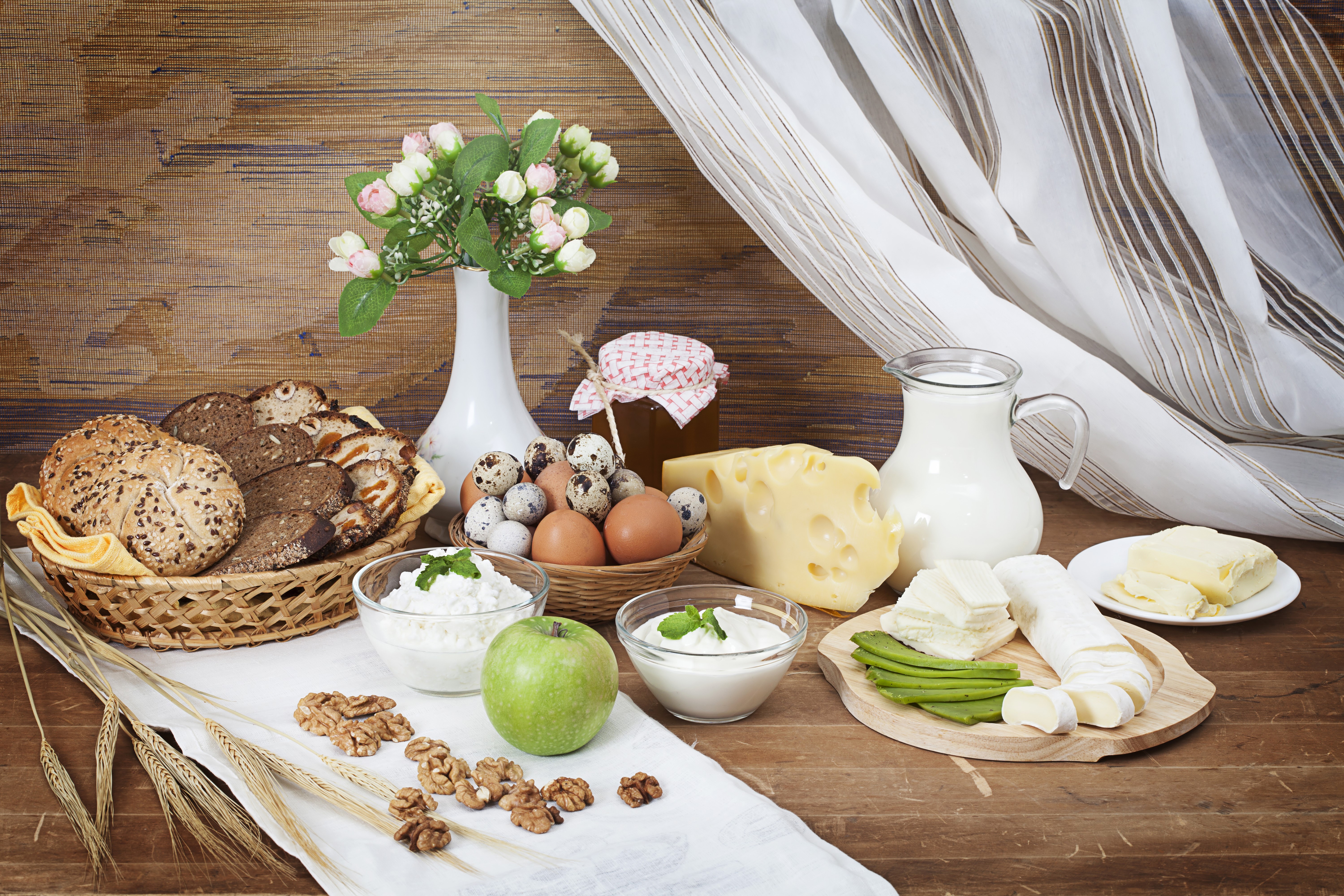 Breakfast spread with bread, cheese, eggs, and milk HD Wallpaper