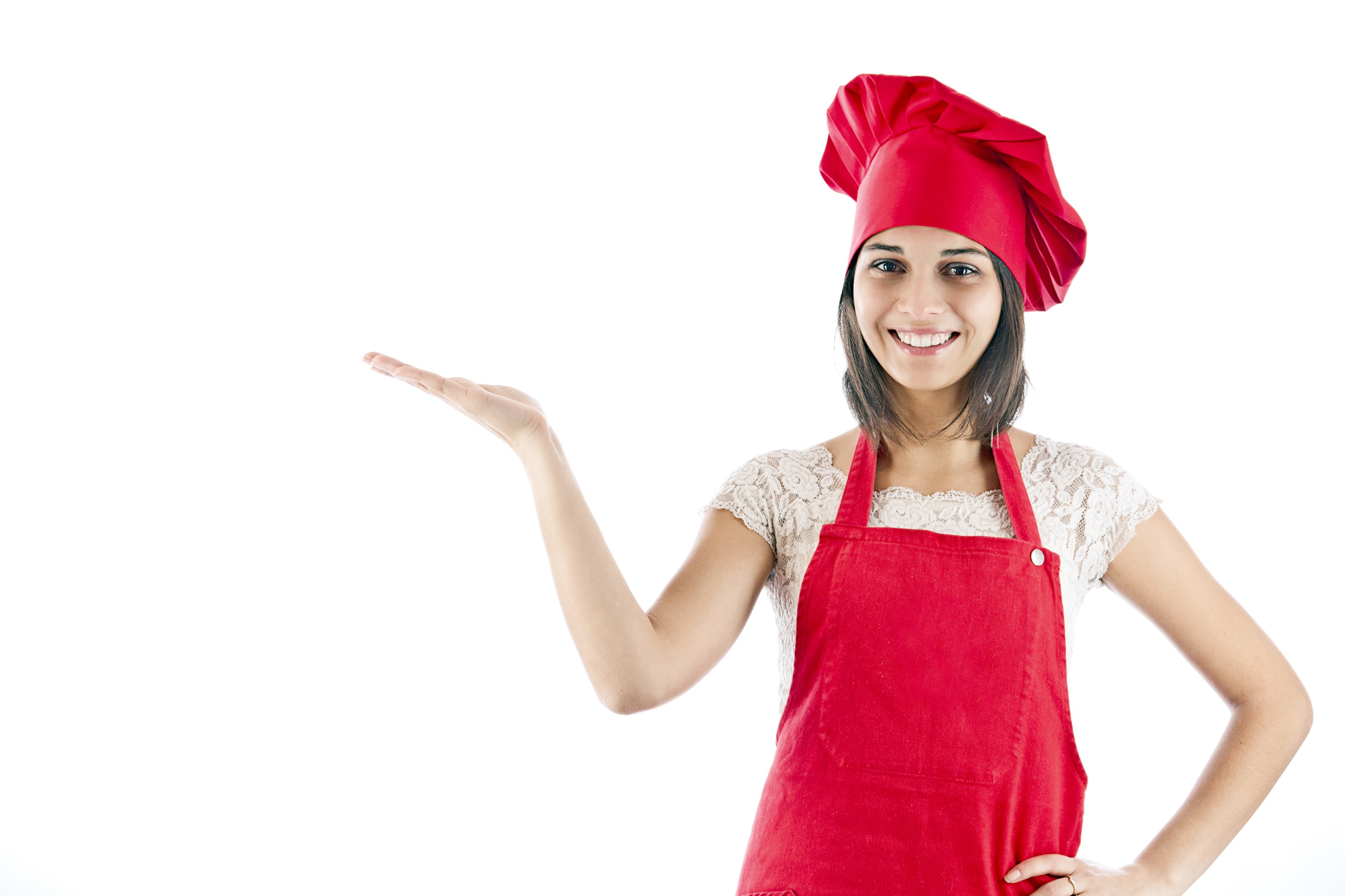 Woman in chef hat and apron presenting something HD Wallpaper
